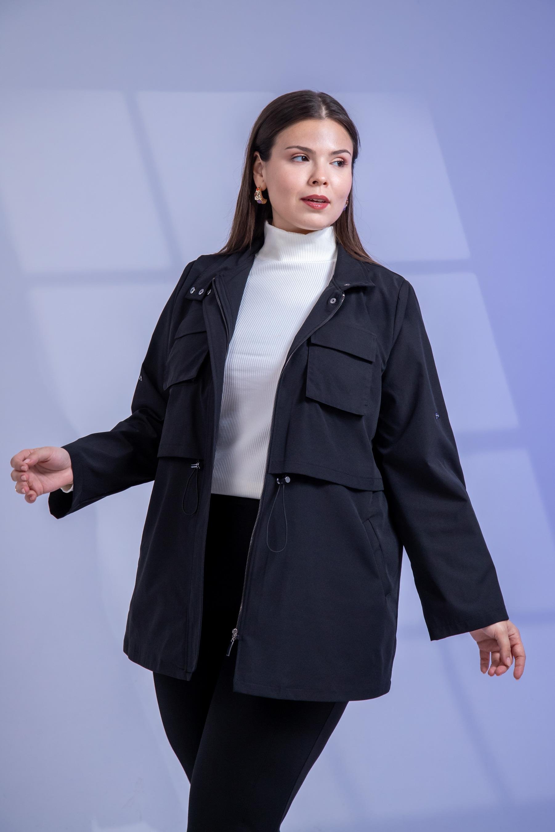 Büyük Beden 3330640 Cep Detaylı Trençkot Ceket  Siyah