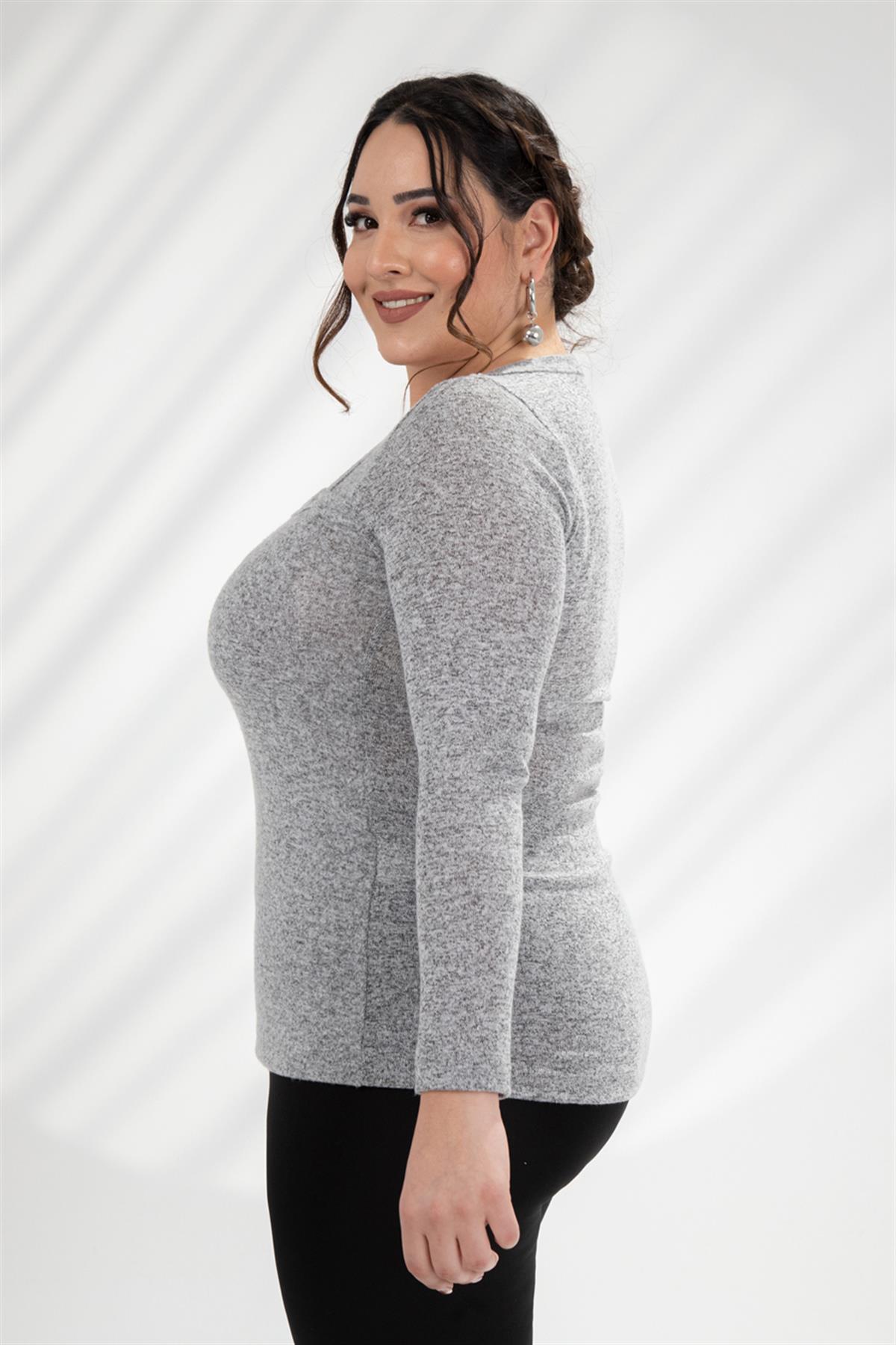 Büyük Beden 333084 Asimetrik Yaka Bluz  Gri