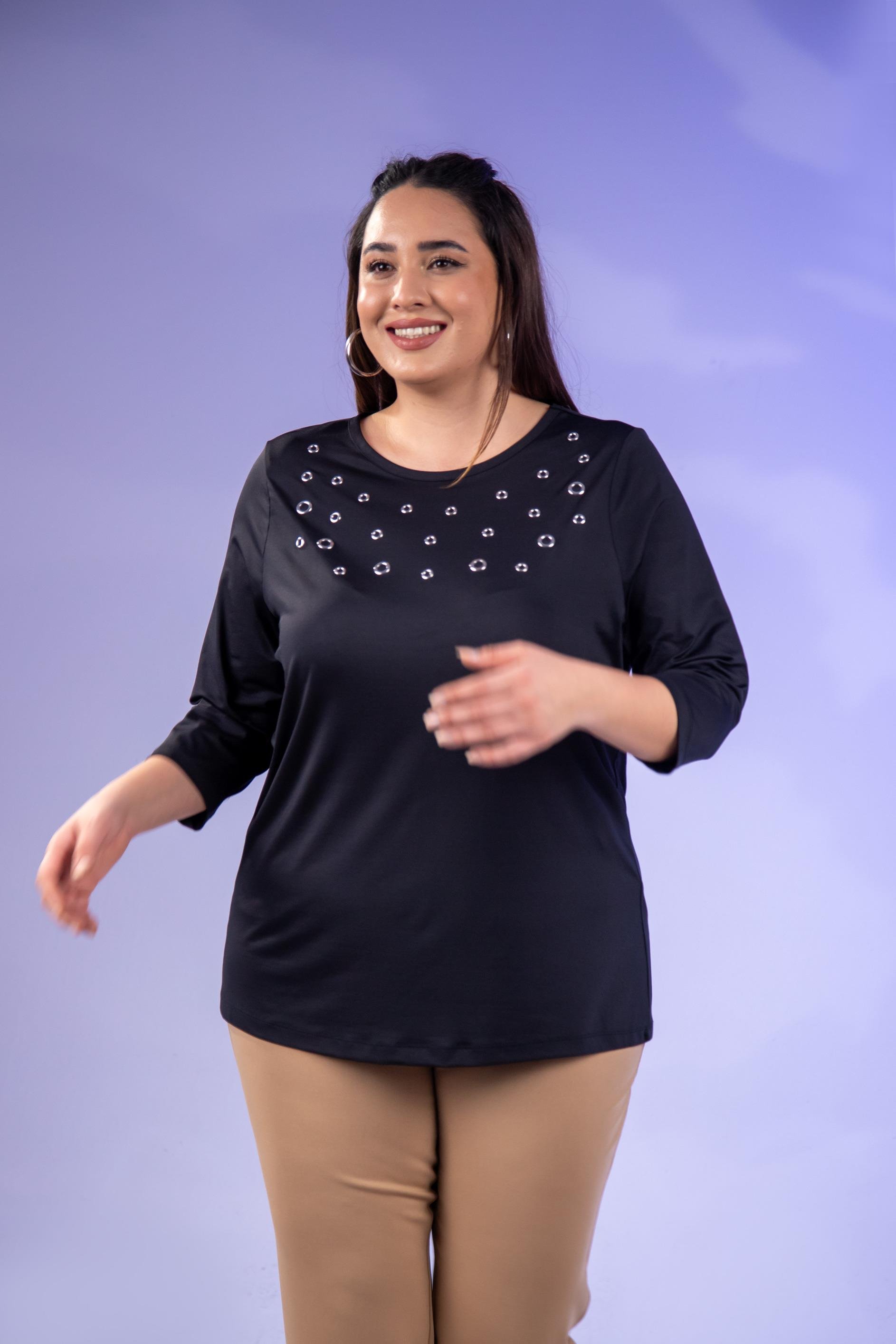 Büyük Beden 333148 Kuş Gözlü Bluz  Siyah