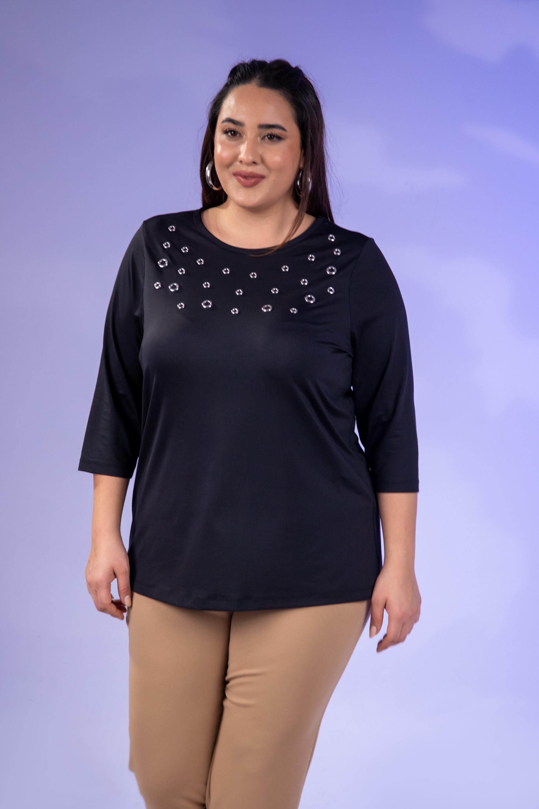Büyük Beden 333148 Kuş Gözlü Bluz  Siyah