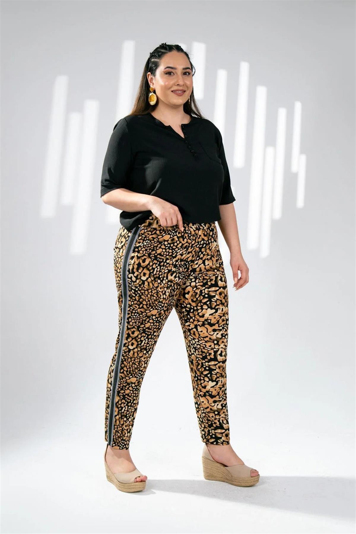Büyük Beden 333165 Leopar Desenli Pantolon  Kahverengi