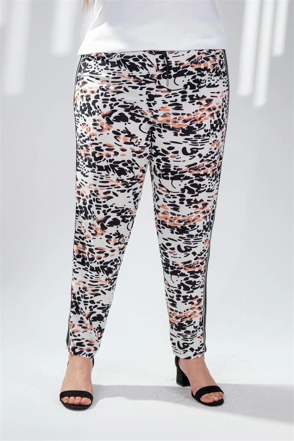 Büyük Beden 333165 Leopar Desenli Pantolon  Beyaz