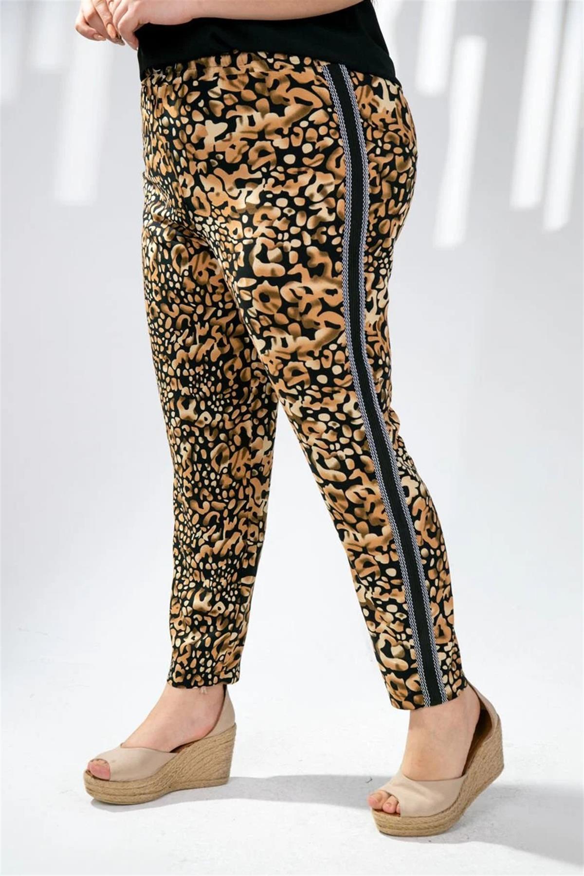 Büyük Beden 333165 Leopar Desenli Pantolon  Kahverengi