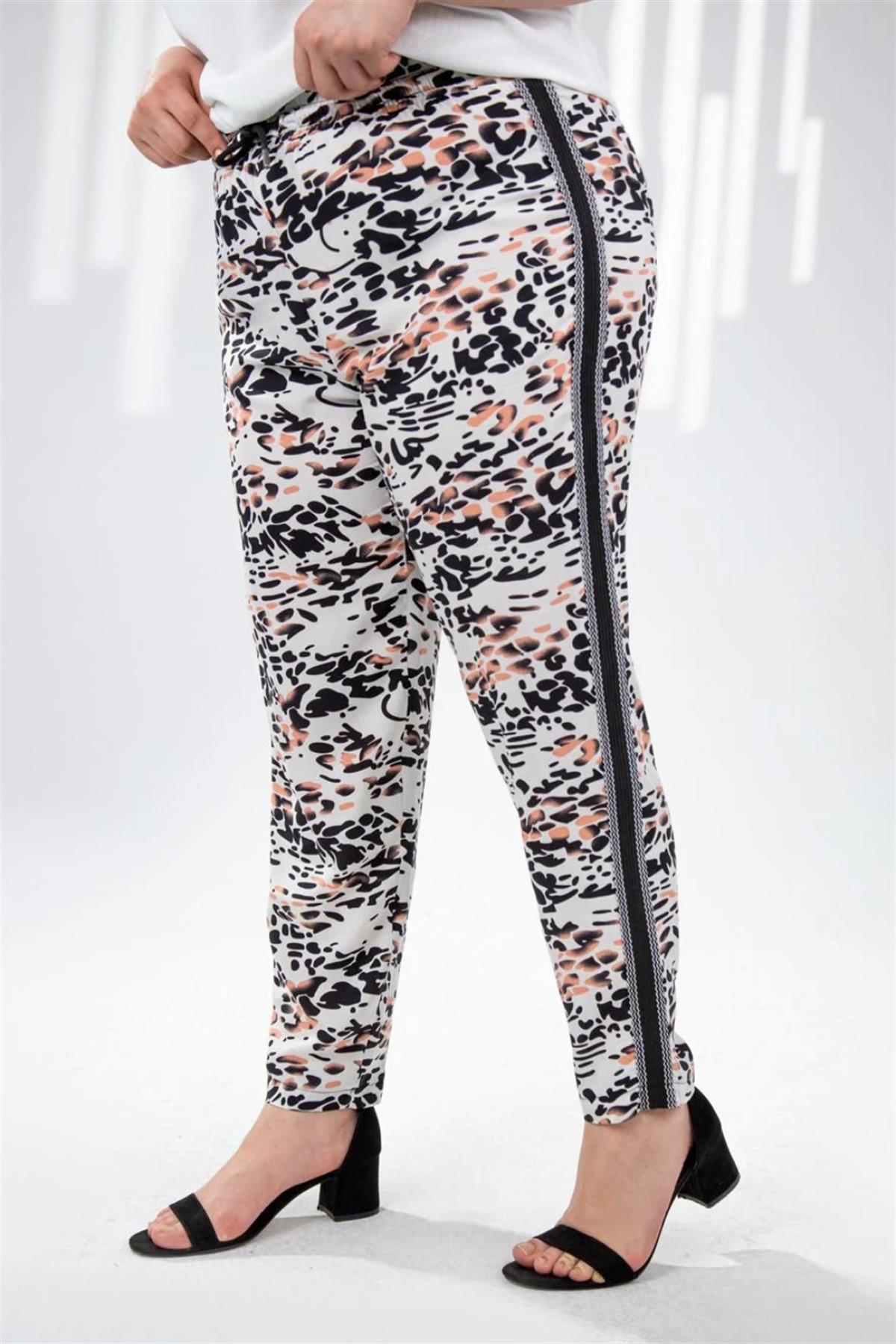 Büyük Beden 333165 Leopar Desenli Pantolon  Beyaz