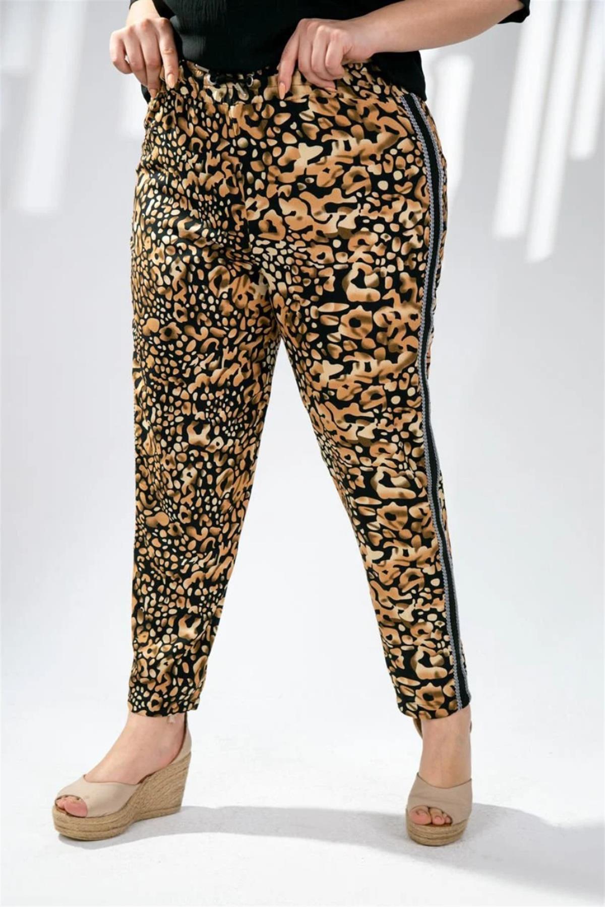 Büyük Beden 333165 Leopar Desenli Pantolon  Kahverengi