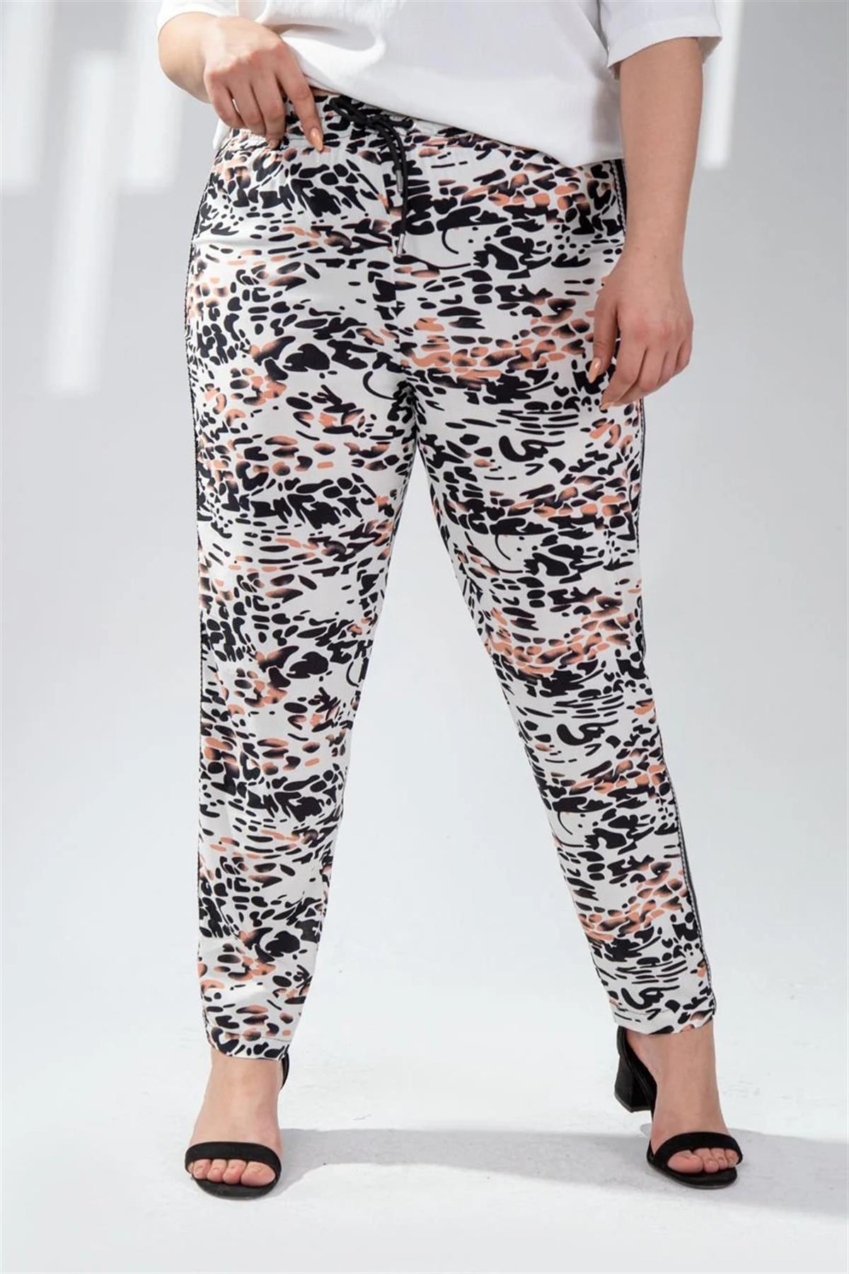 Büyük Beden 333165 Leopar Desenli Pantolon  Beyaz