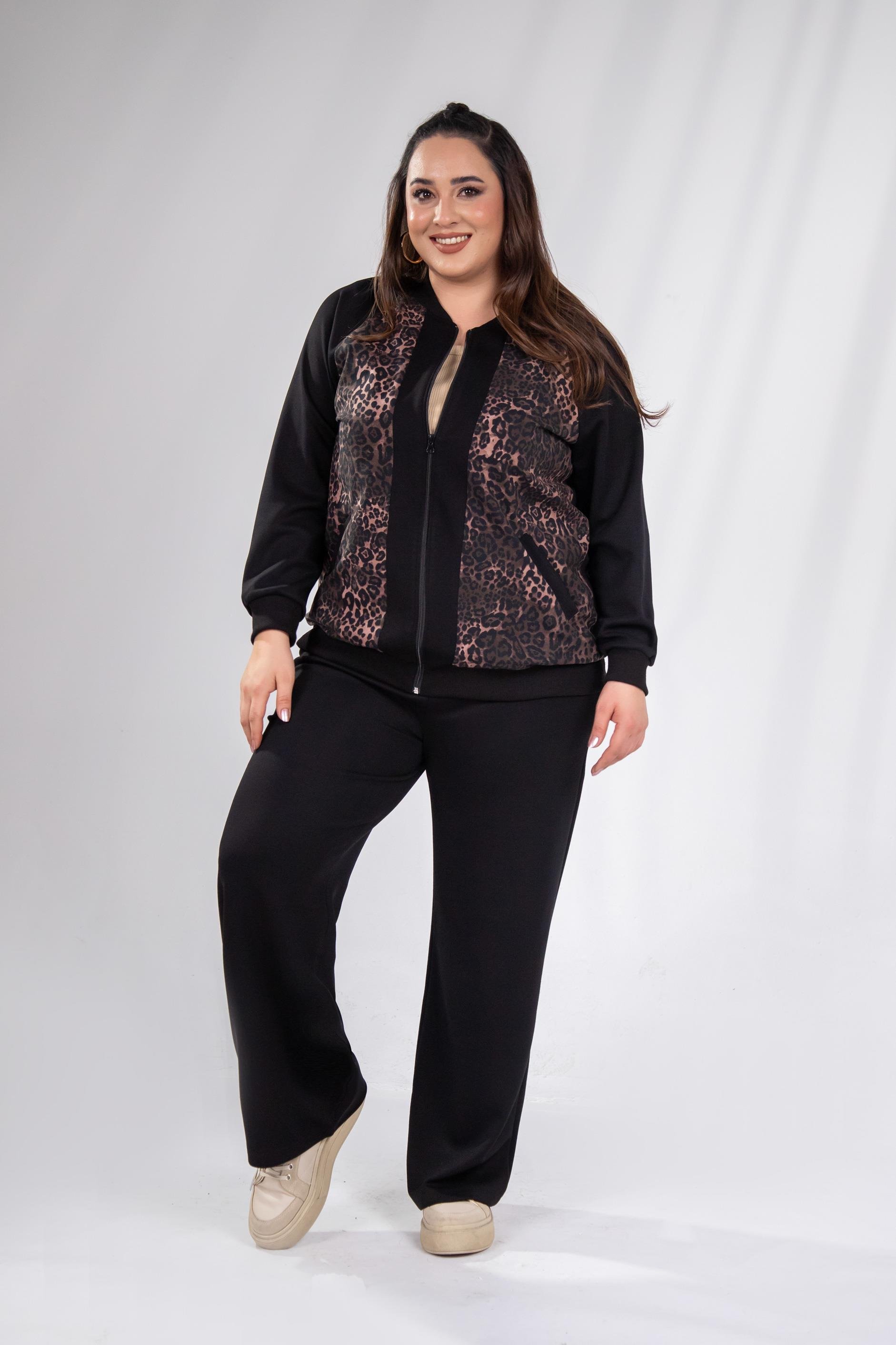 Büyük Beden 333174 Fermuarlı Leoparlı Sweat Kahverengi