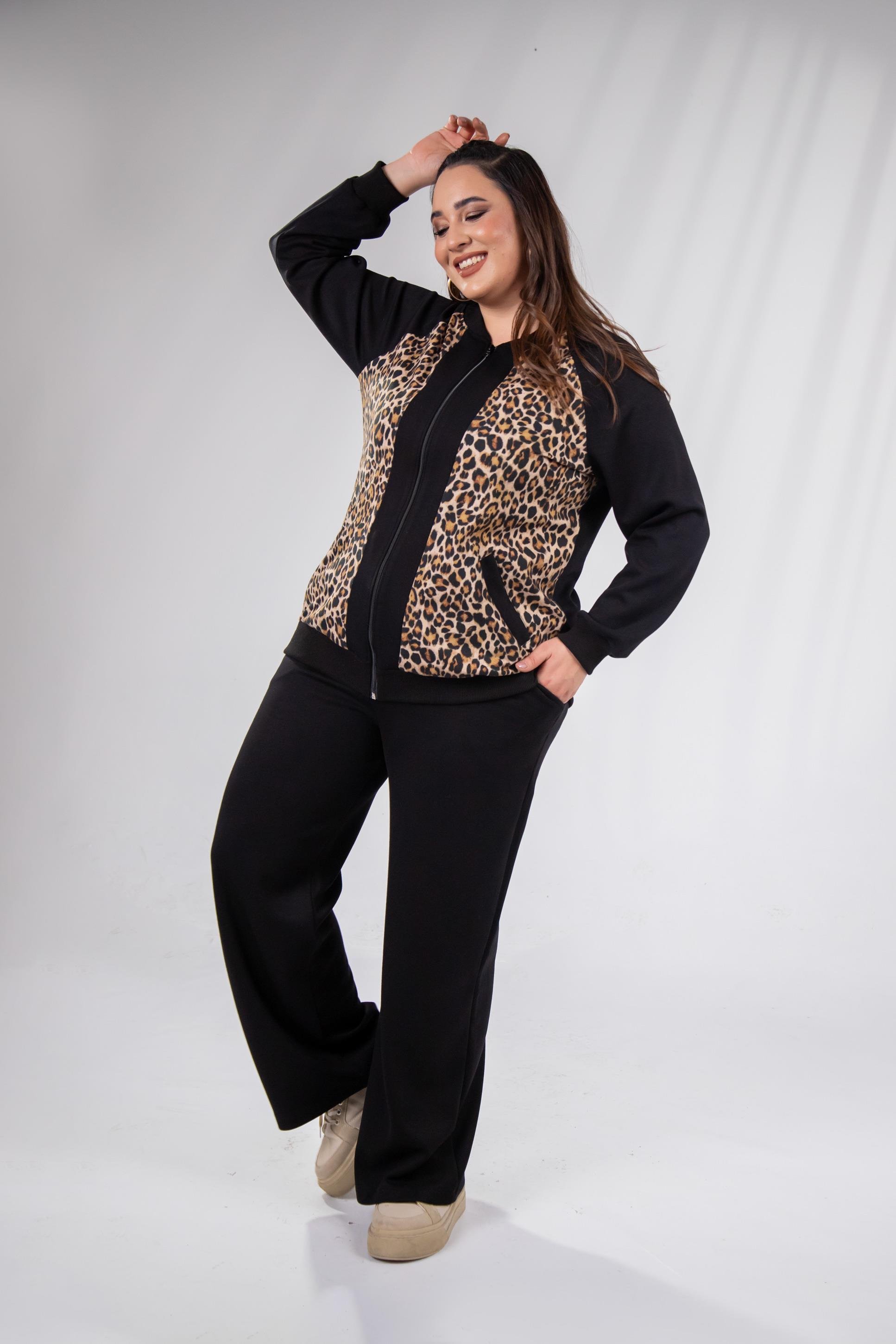 Büyük Beden 333174 Fermuarlı Leoparlı Sweat Bej