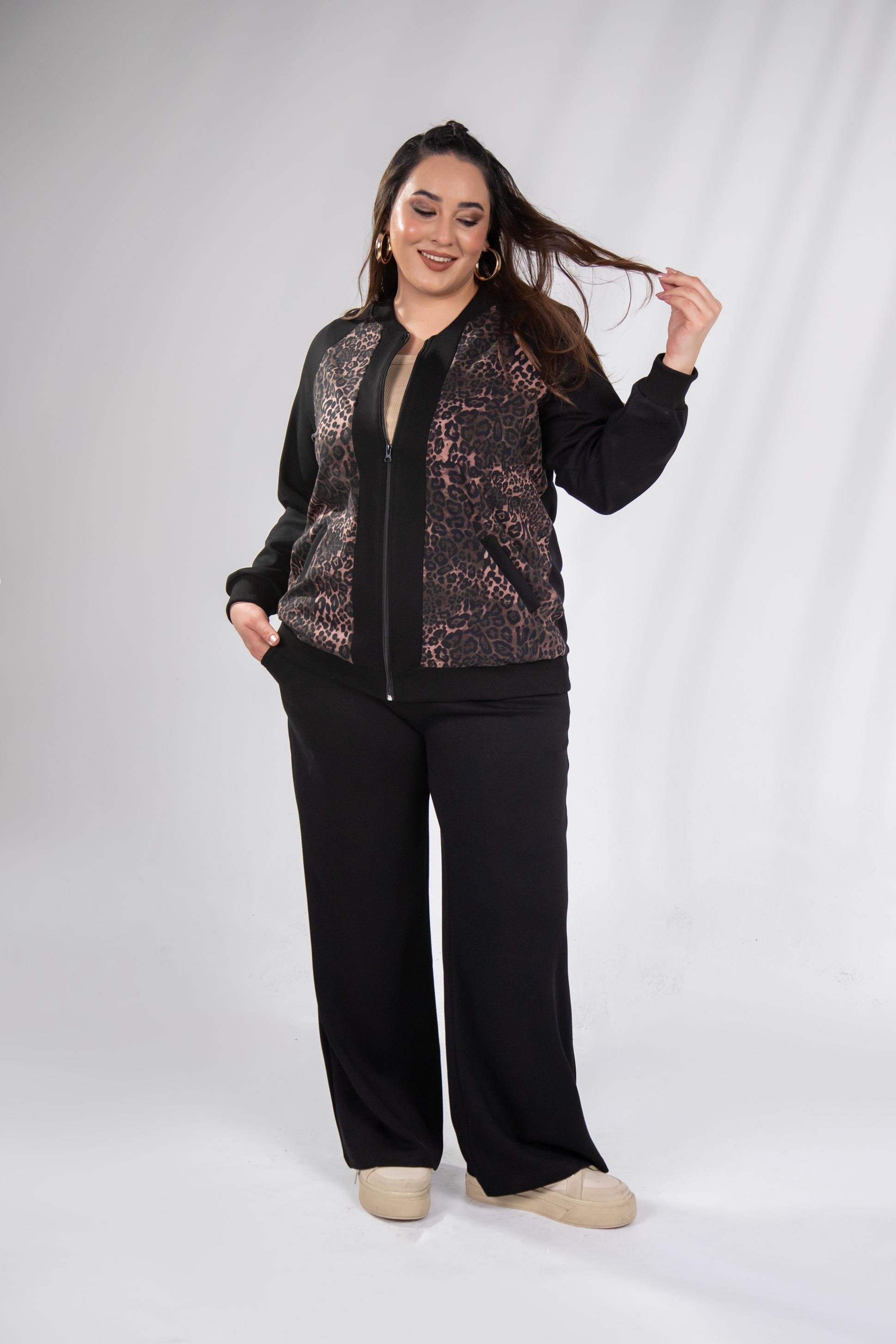 Büyük Beden 333174 Fermuarlı Leoparlı Sweat Kahverengi