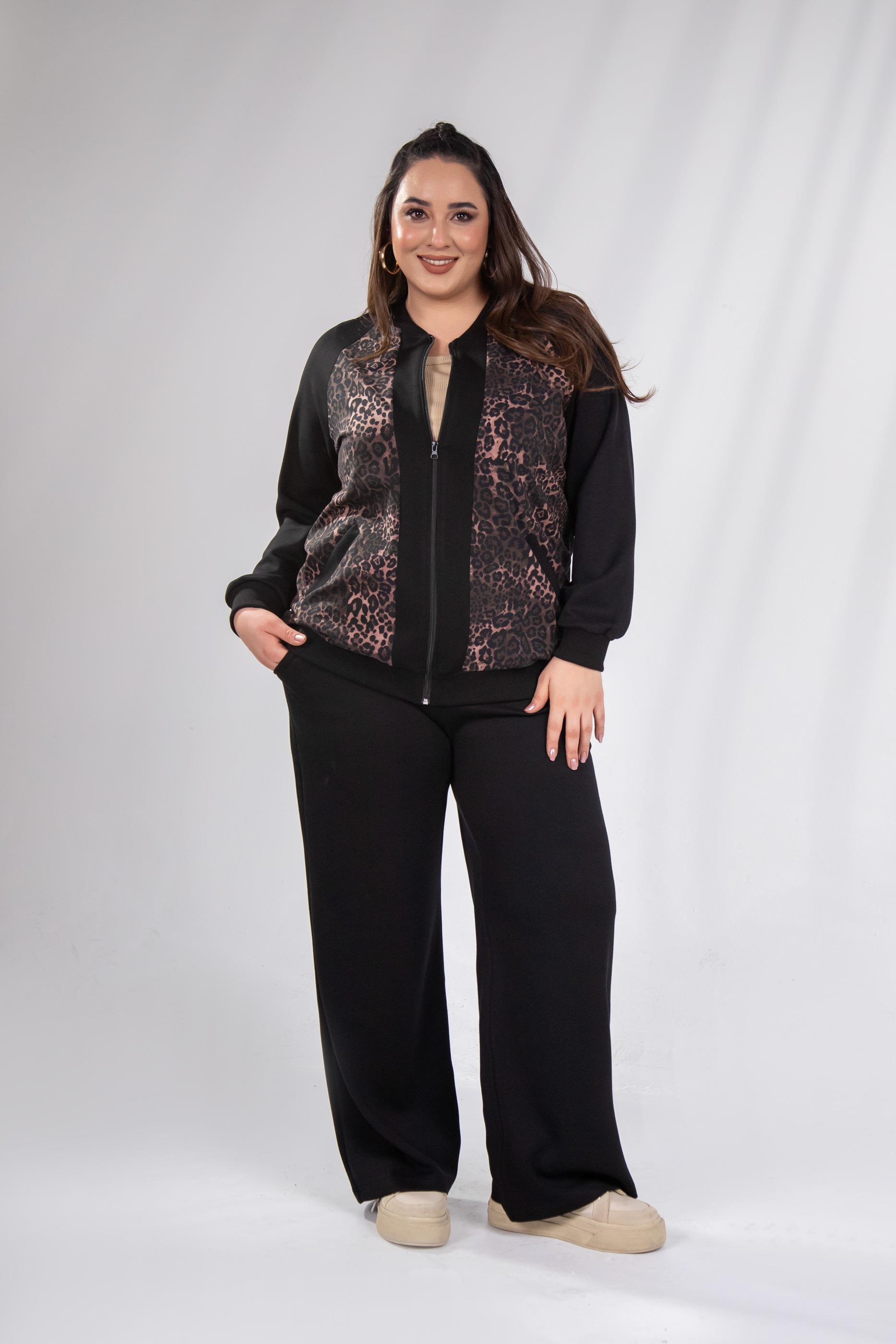 Büyük Beden 333174 Fermuarlı Leoparlı Sweat Kahverengi