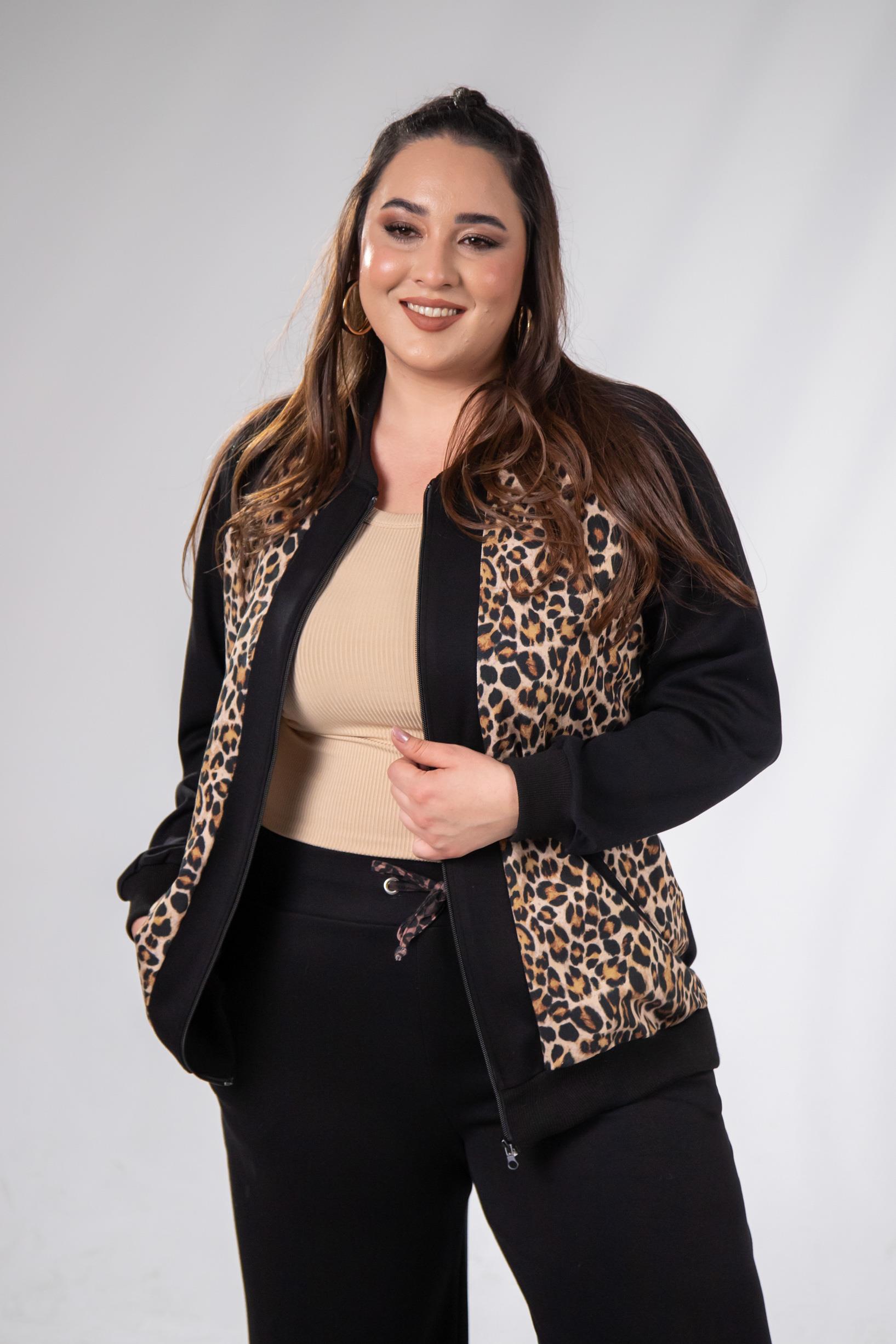 Büyük Beden 333174 Fermuarlı Leoparlı Sweat Bej