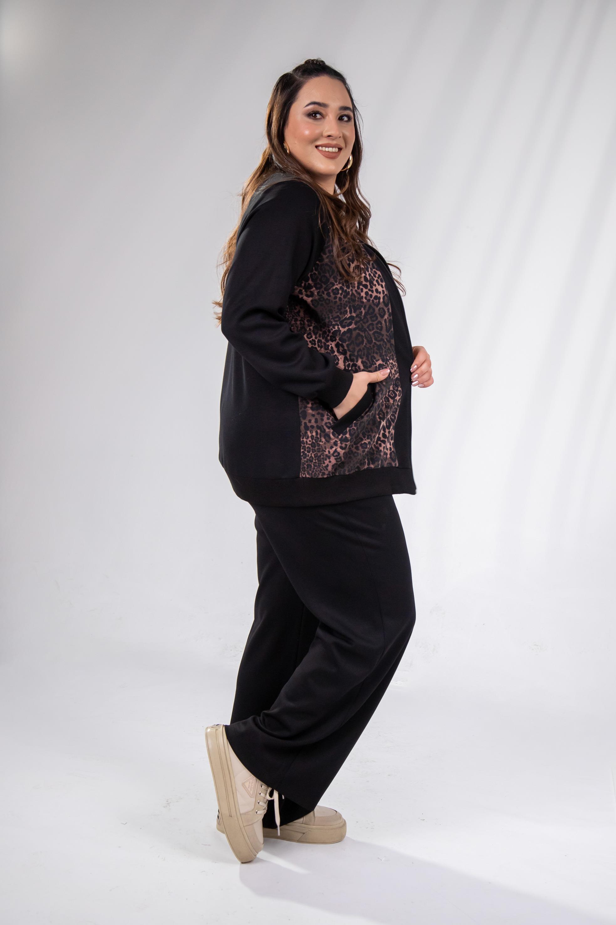 Büyük Beden 333174 Fermuarlı Leoparlı Sweat Kahverengi