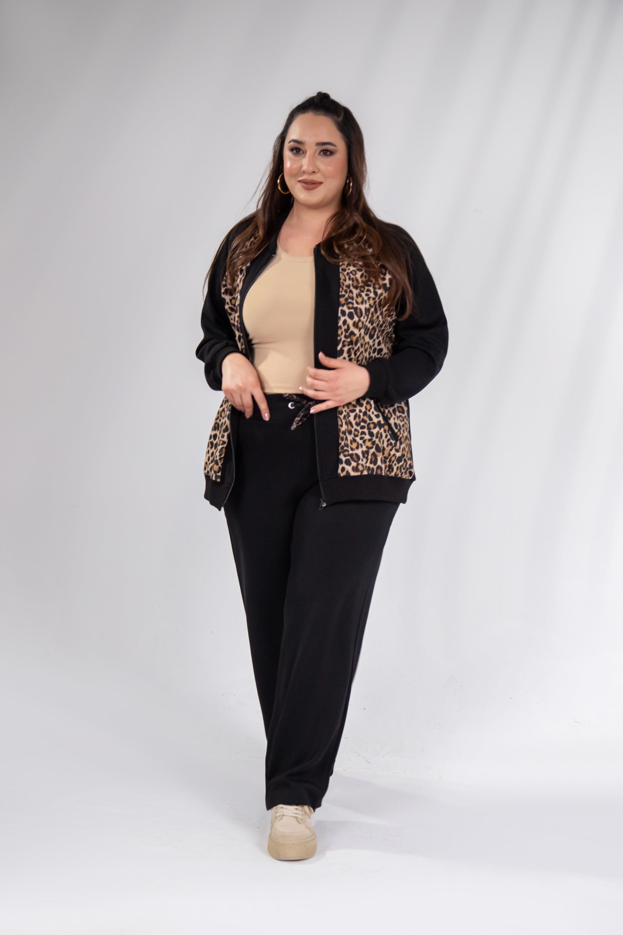 Büyük Beden 333174 Fermuarlı Leoparlı Sweat Bej