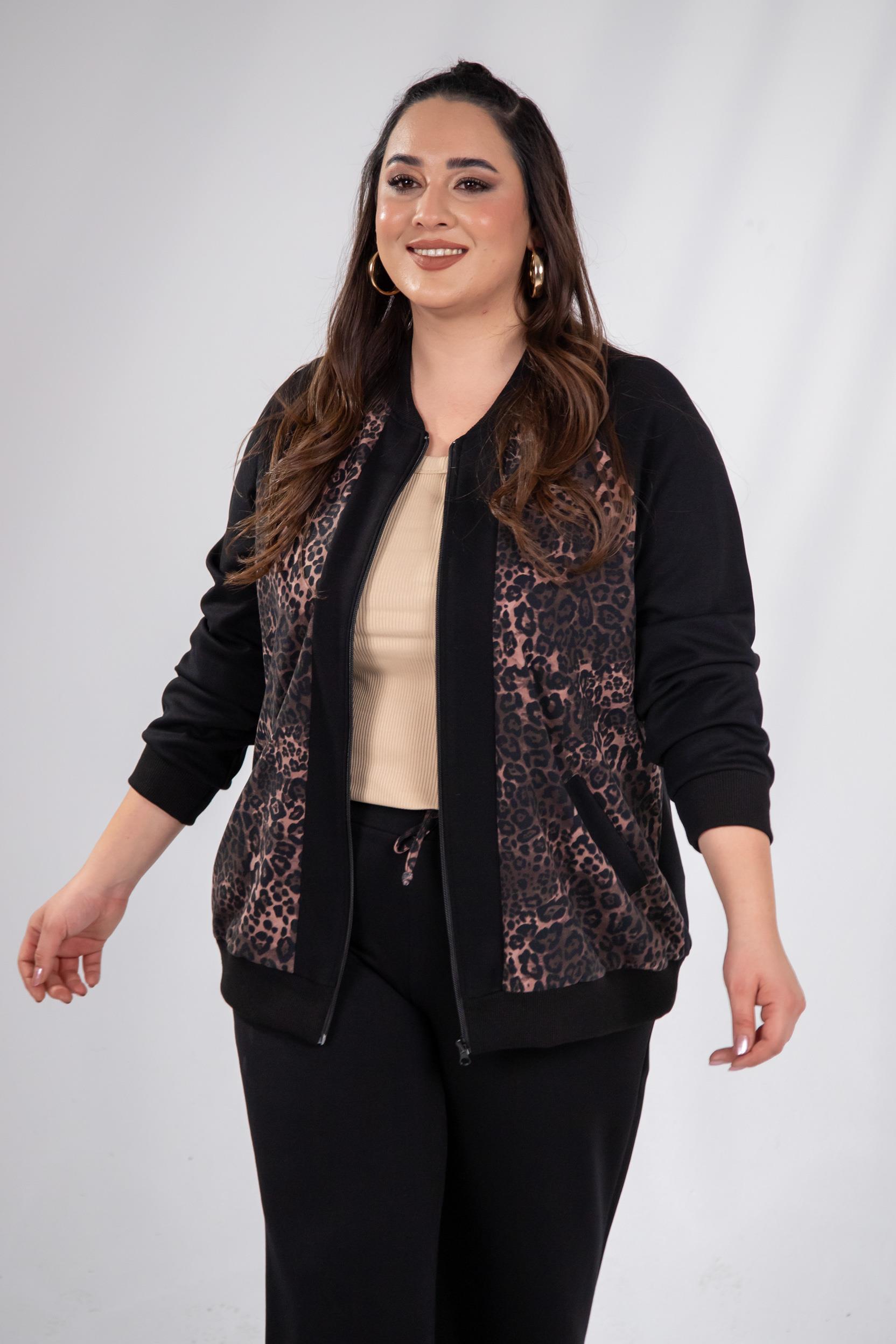 Büyük Beden 333174 Fermuarlı Leoparlı Sweat Kahverengi