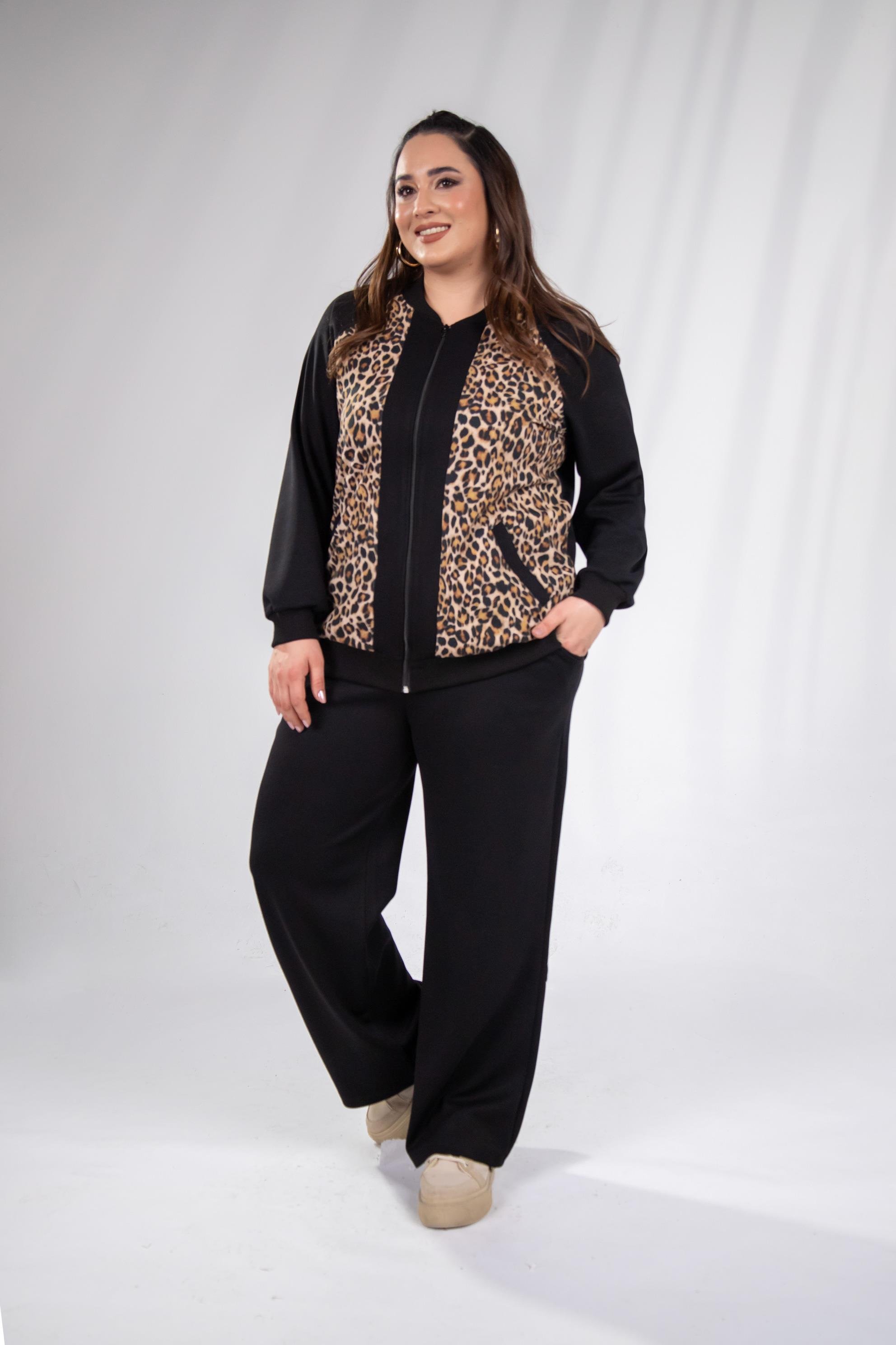 Büyük Beden 333174 Fermuarlı Leoparlı Sweat Bej