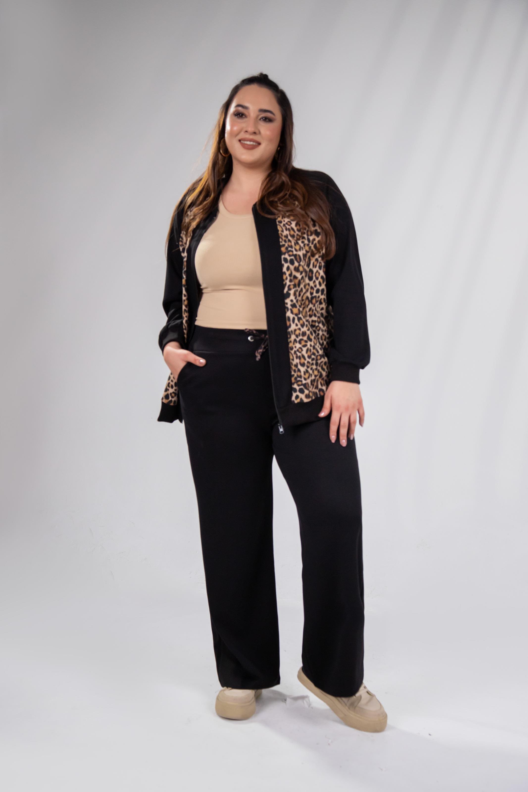 Büyük Beden 333174 Fermuarlı Leoparlı Sweat Bej