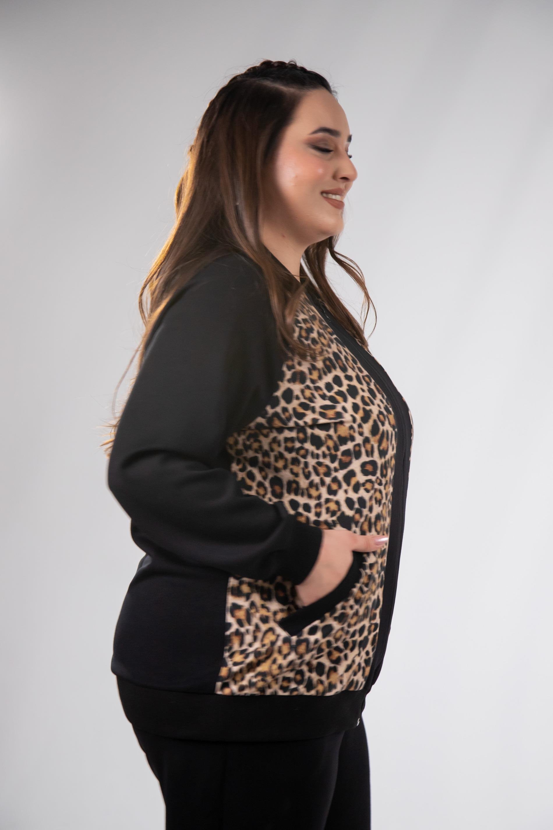 Büyük Beden 333174 Fermuarlı Leoparlı Sweat Bej