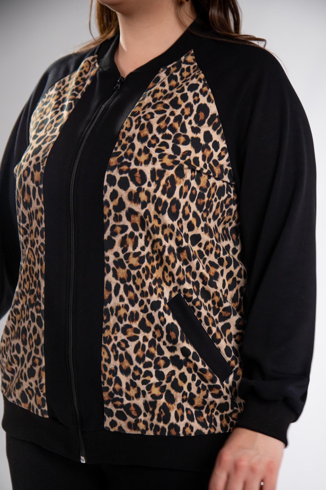 Büyük Beden 333174 Fermuarlı Leoparlı Sweat Bej