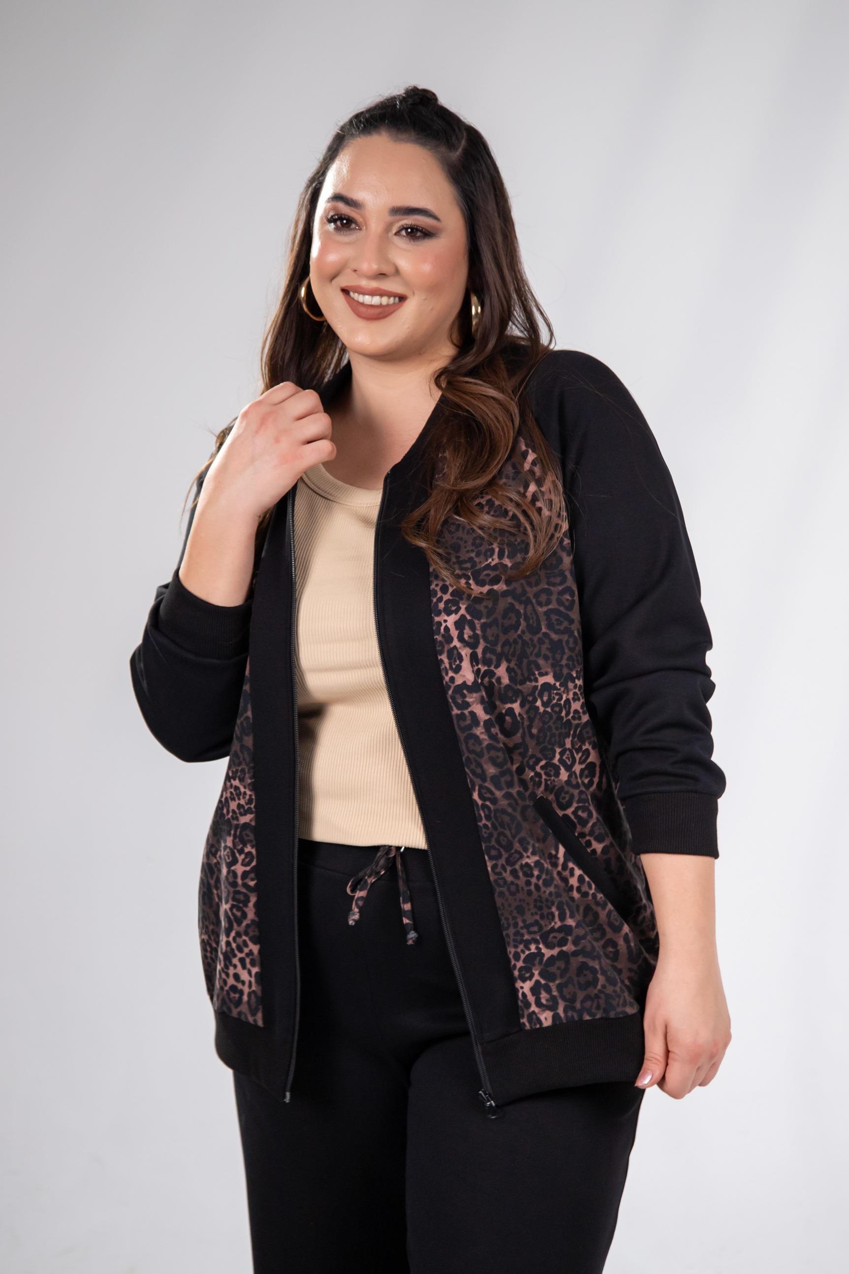 Büyük Beden 333174 Fermuarlı Leoparlı Sweat Kahverengi