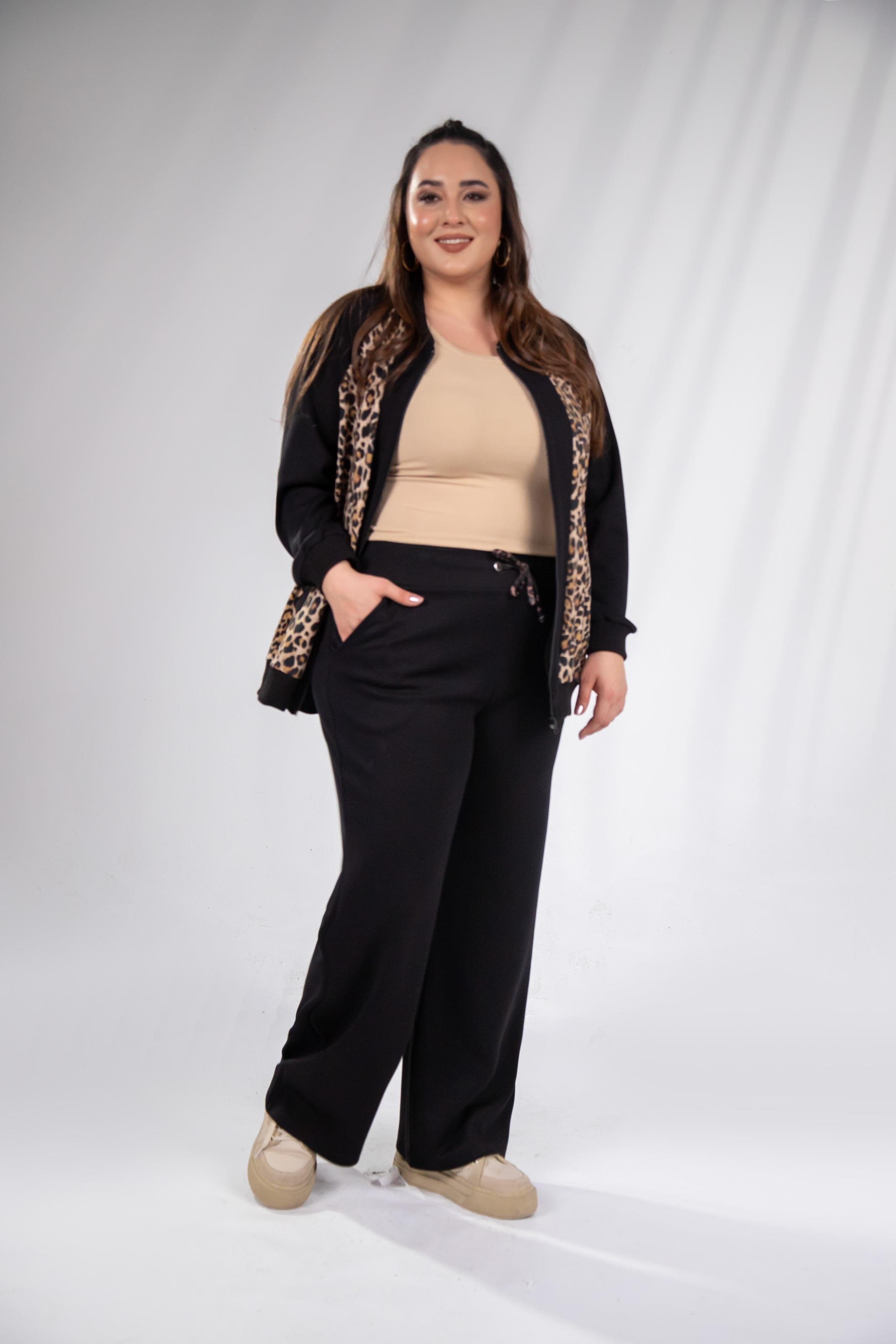 Büyük Beden 333174 Fermuarlı Leoparlı Sweat Bej