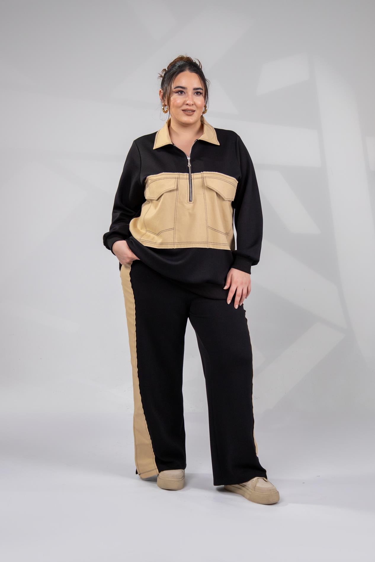 Büyük Beden 333187 Cep Detaylı 2'li Takım  Siyah