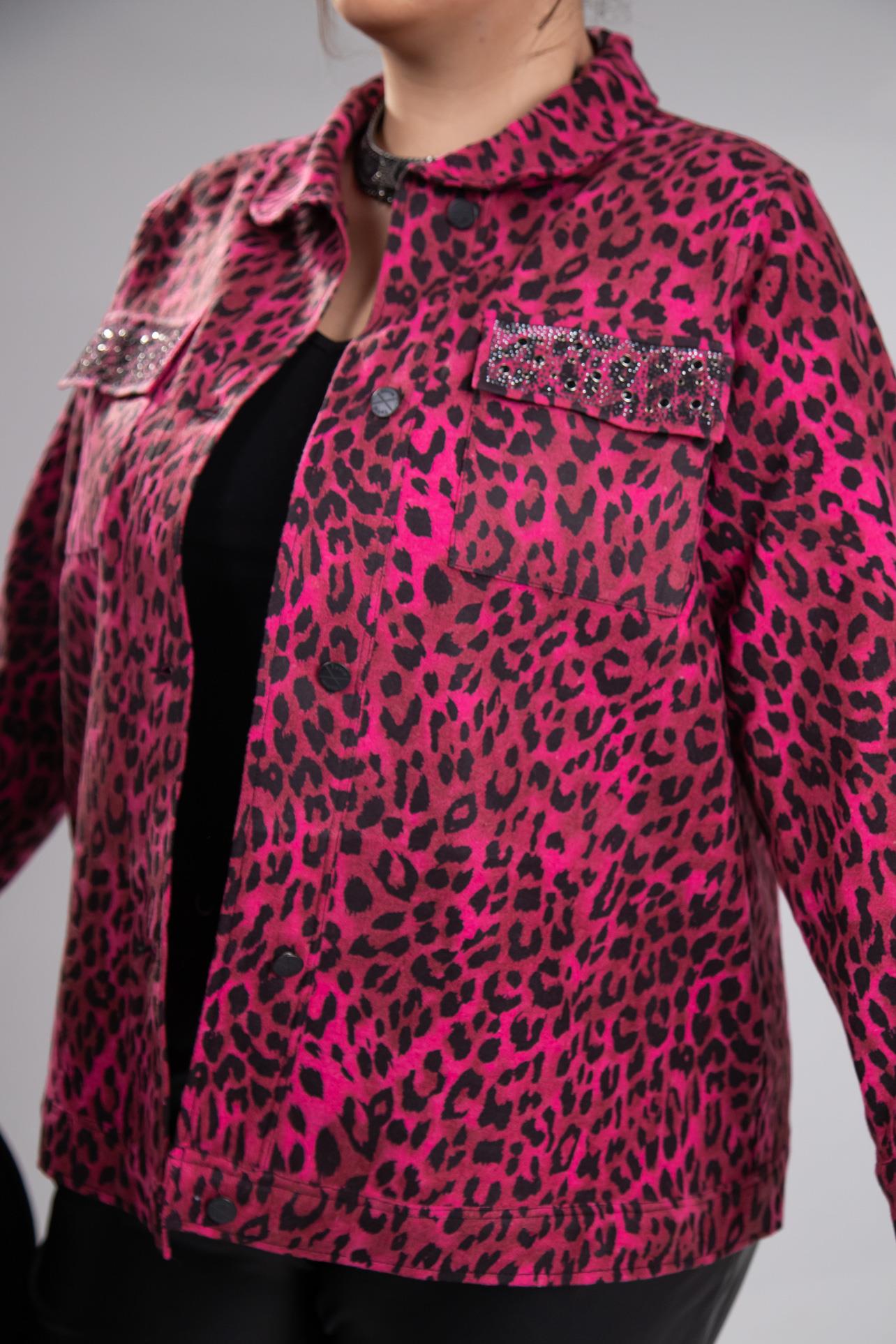 Büyük Beden 333194 Cep Taşlı Leoparlı Kaşe Mont Fuşya