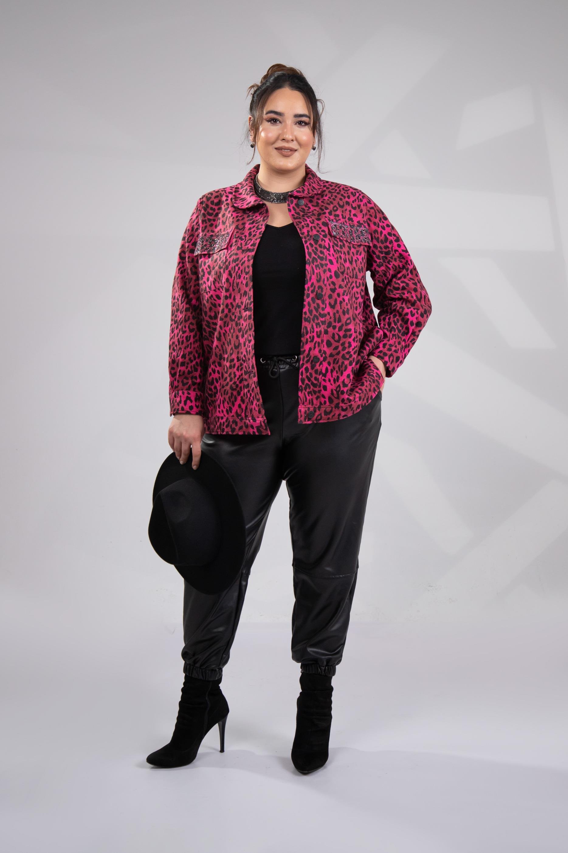 Büyük Beden 333194 Cep Taşlı Leoparlı Kaşe Mont Fuşya