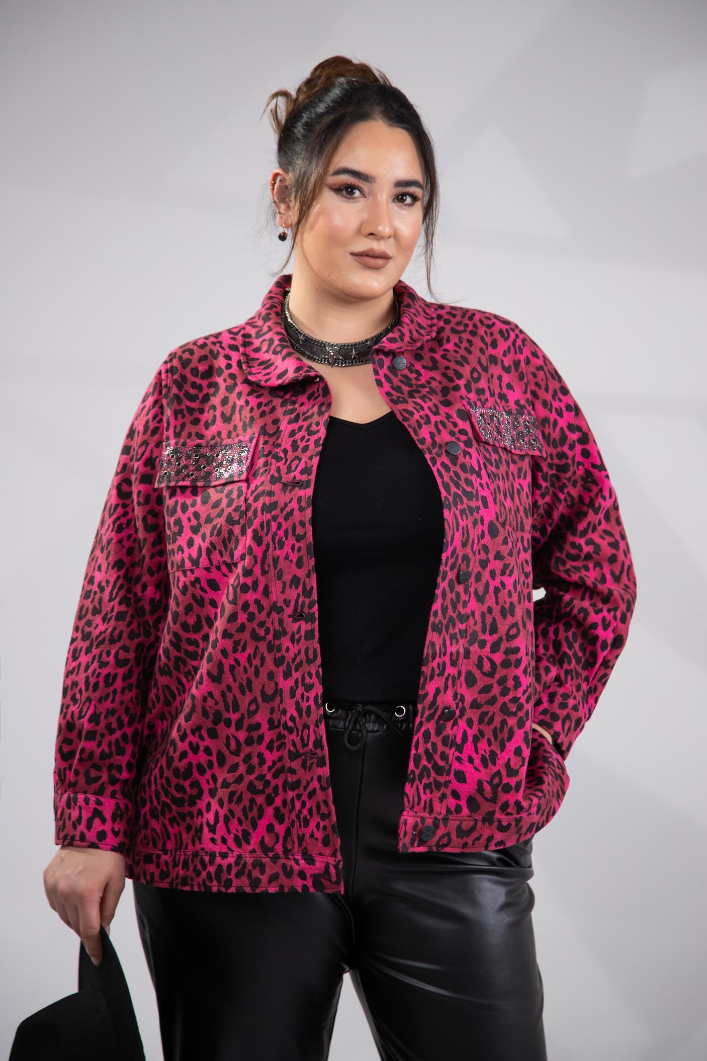 Büyük Beden 333194 Cep Taşlı Leoparlı Kaşe Mont Fuşya