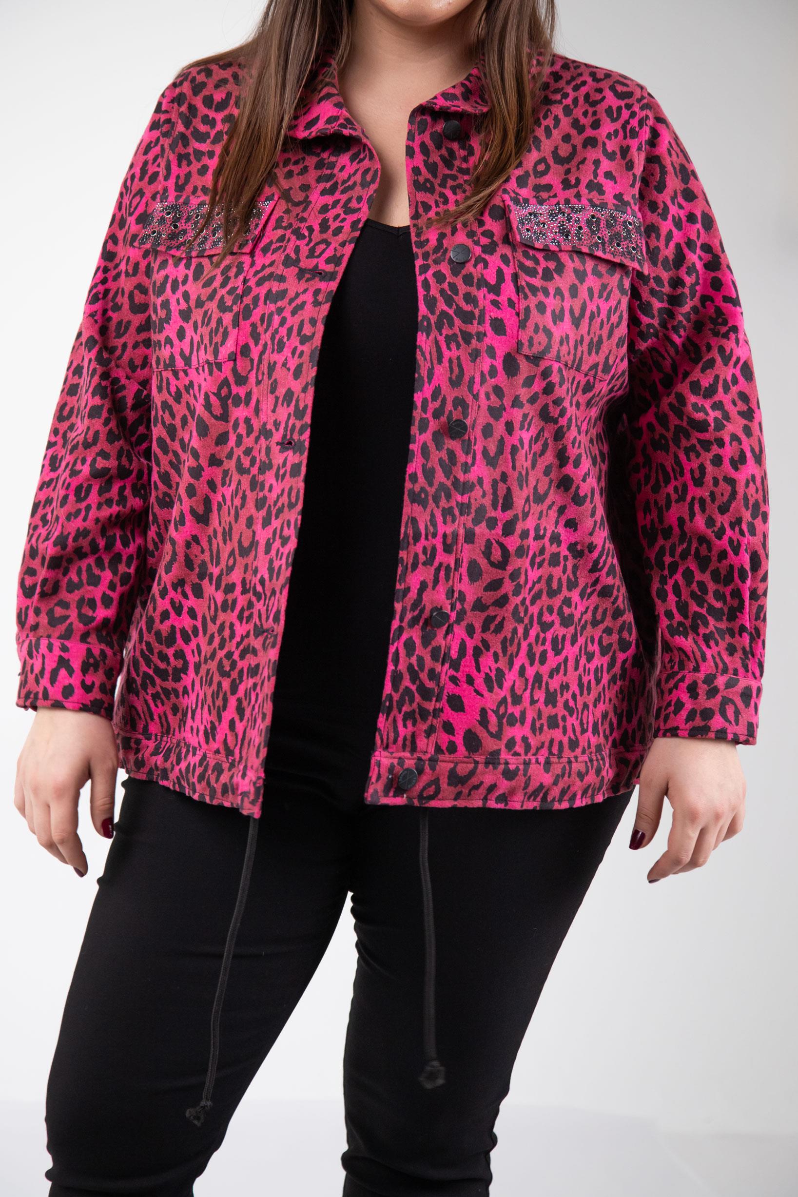 Büyük Beden 333194 Cep Taşlı Leoparlı Kaşe Mont Fuşya