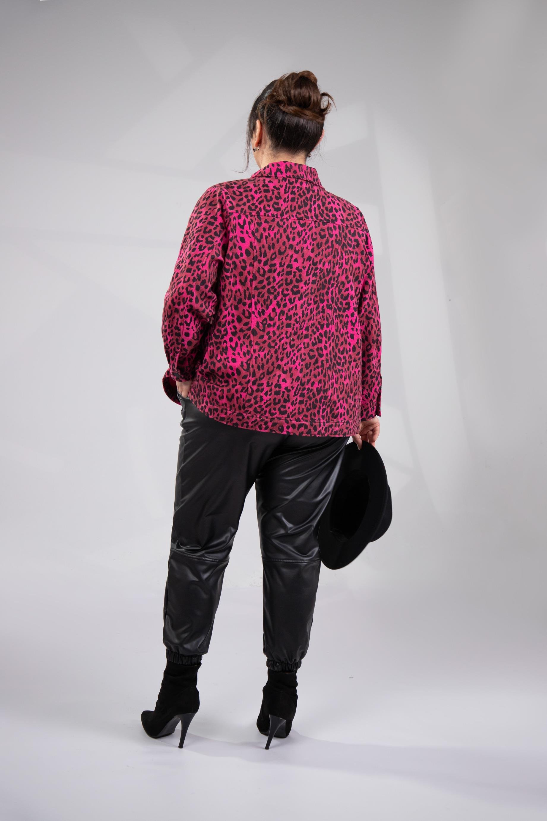 Büyük Beden 333194 Cep Taşlı Leoparlı Kaşe Mont Fuşya