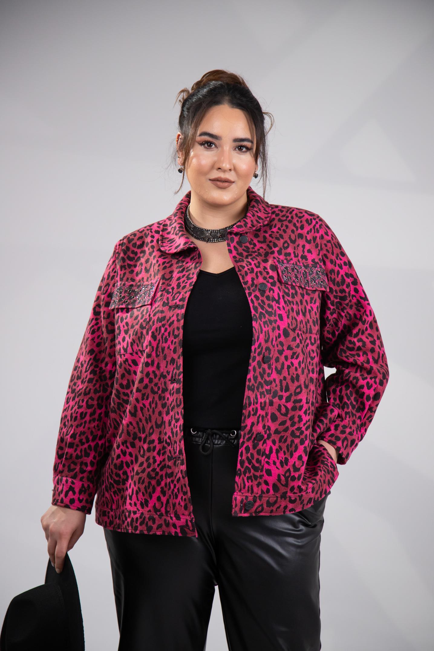 Büyük Beden 333194 Cep Taşlı Leoparlı Kaşe Mont Fuşya