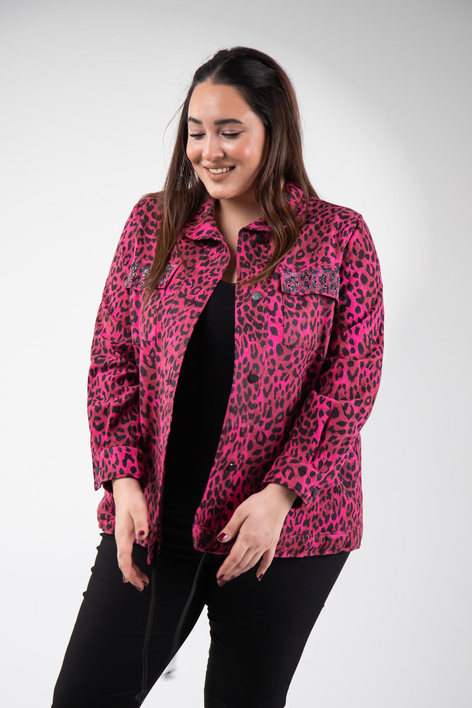 Büyük Beden 333194 Cep Taşlı Leoparlı Kaşe Mont Fuşya