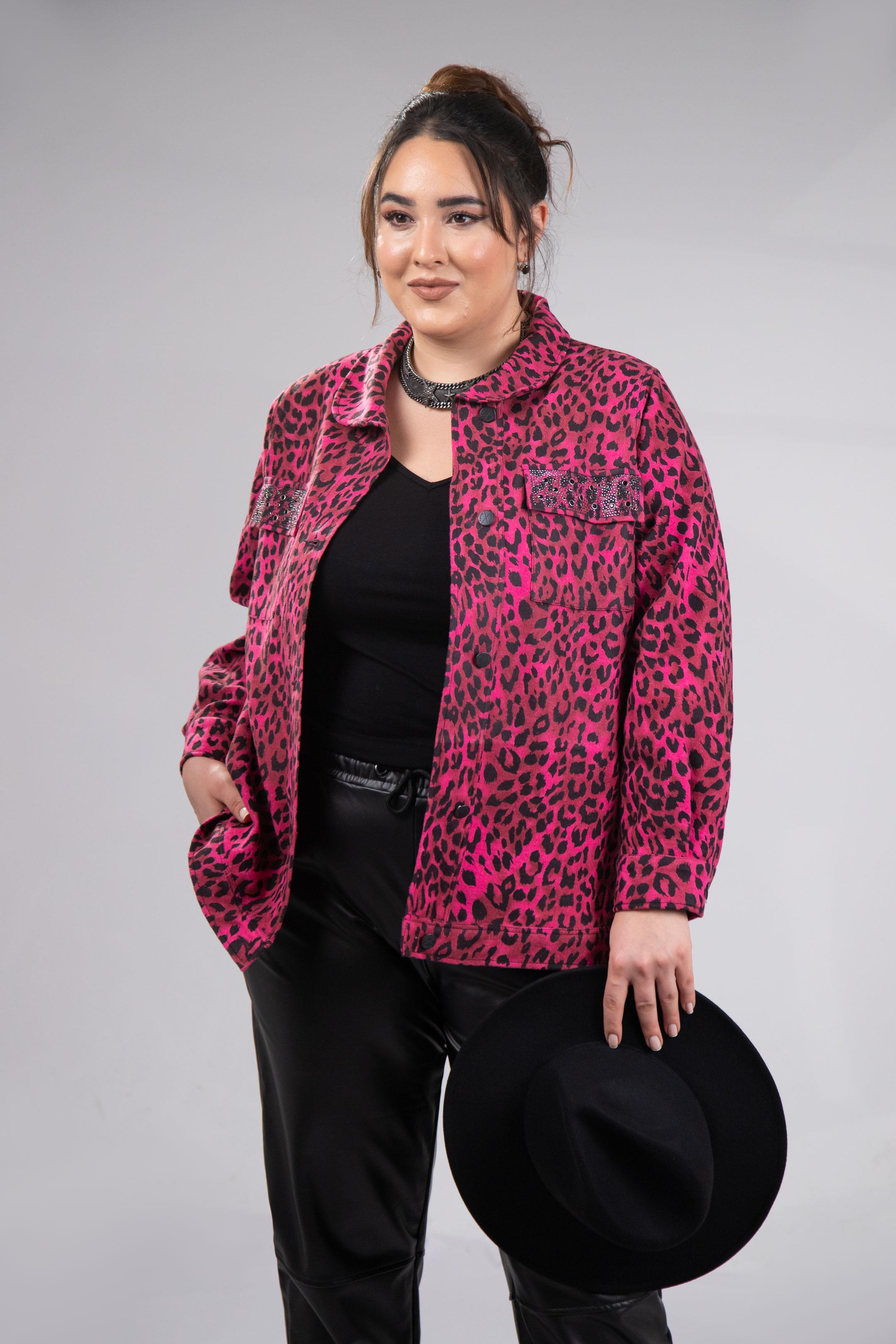 Büyük Beden 333194 Cep Taşlı Leoparlı Kaşe Mont Fuşya