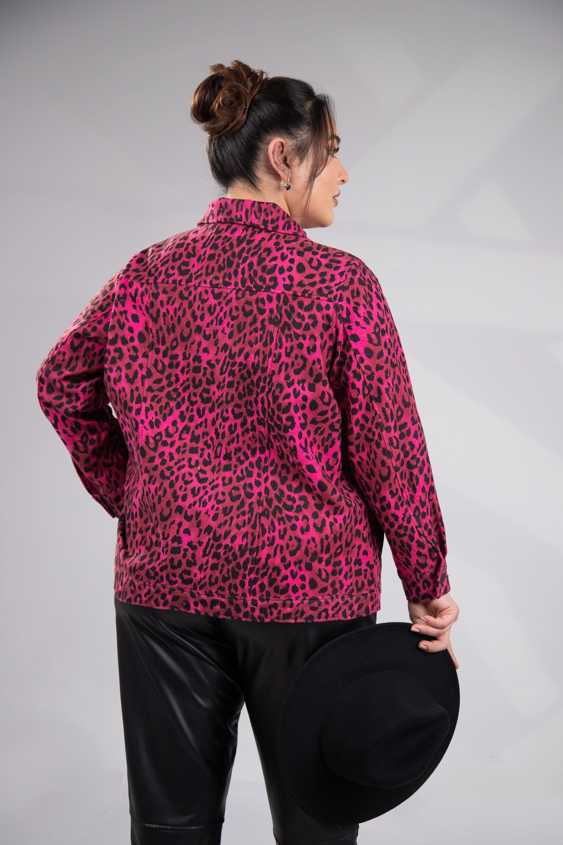 Büyük Beden 333194 Cep Taşlı Leoparlı Kaşe Mont Fuşya