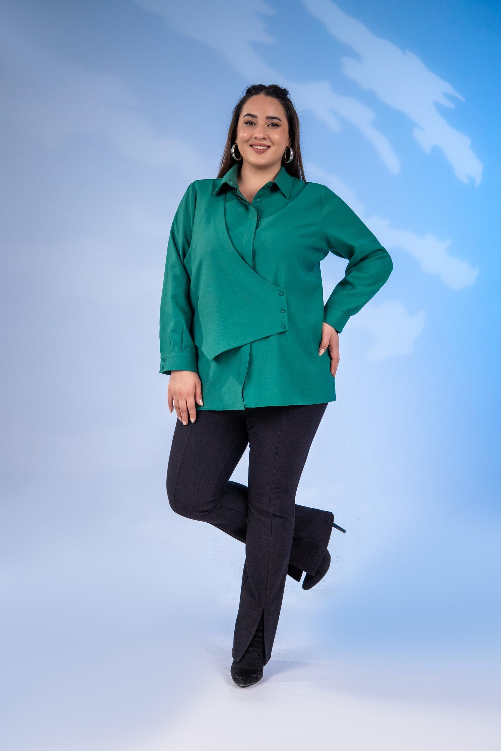 Büyük Beden 333198 Yelek Detaylı Gömlek  Yeşil