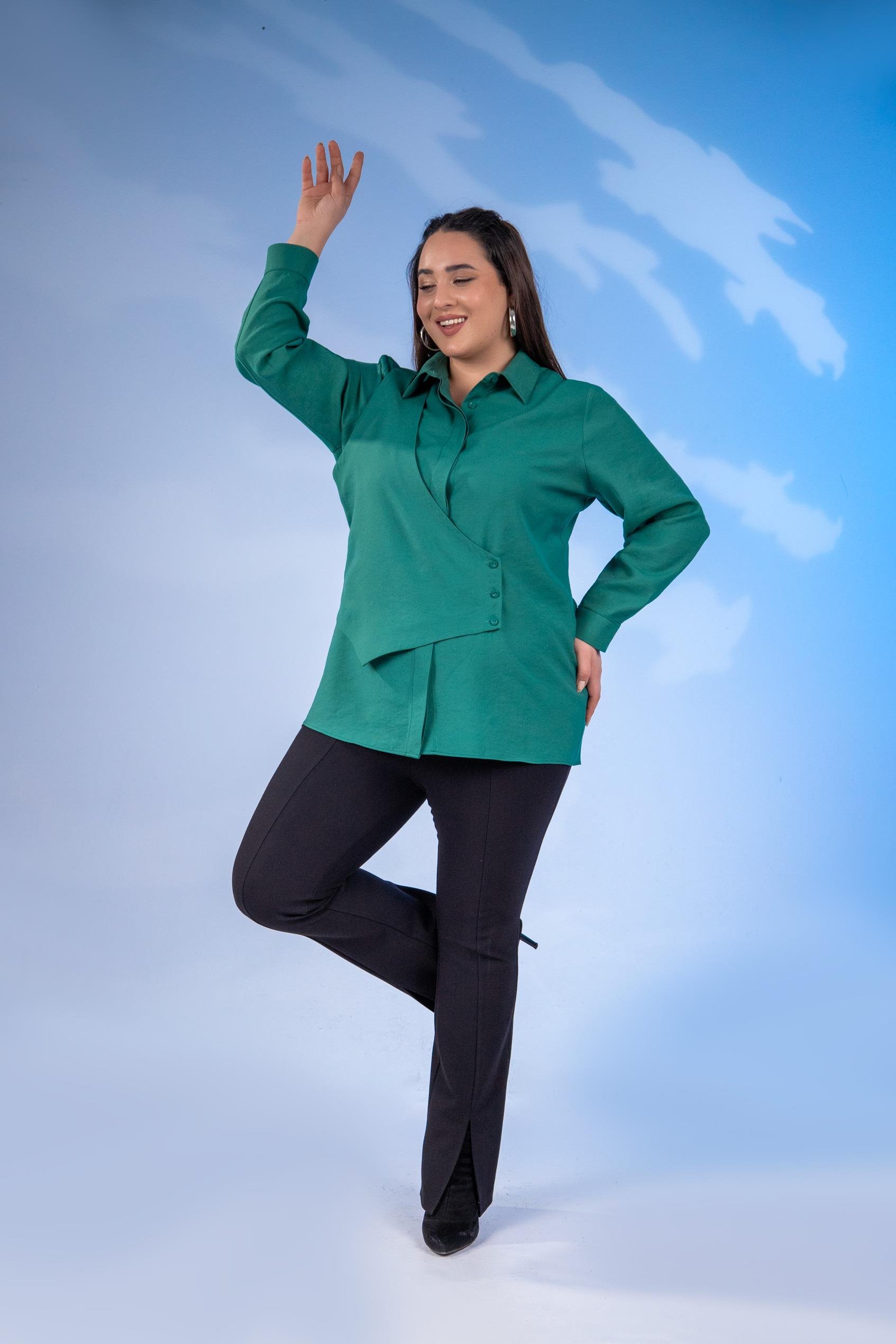 Büyük Beden 333198 Yelek Detaylı Gömlek  Yeşil