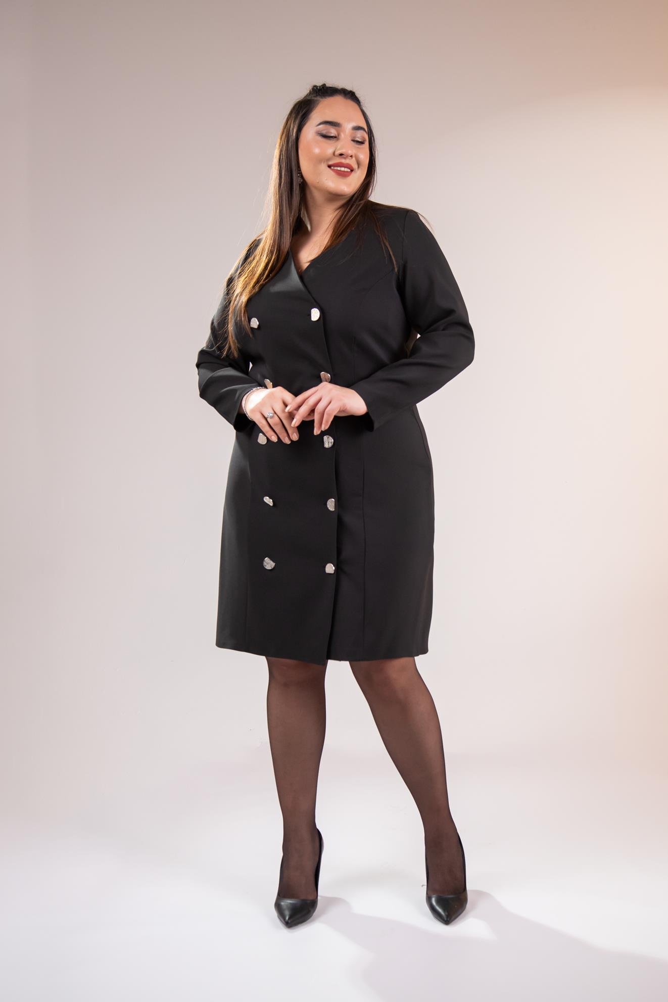 Büyük Beden 333218 YakA-Düğme Detaylı Elbise  Siyah