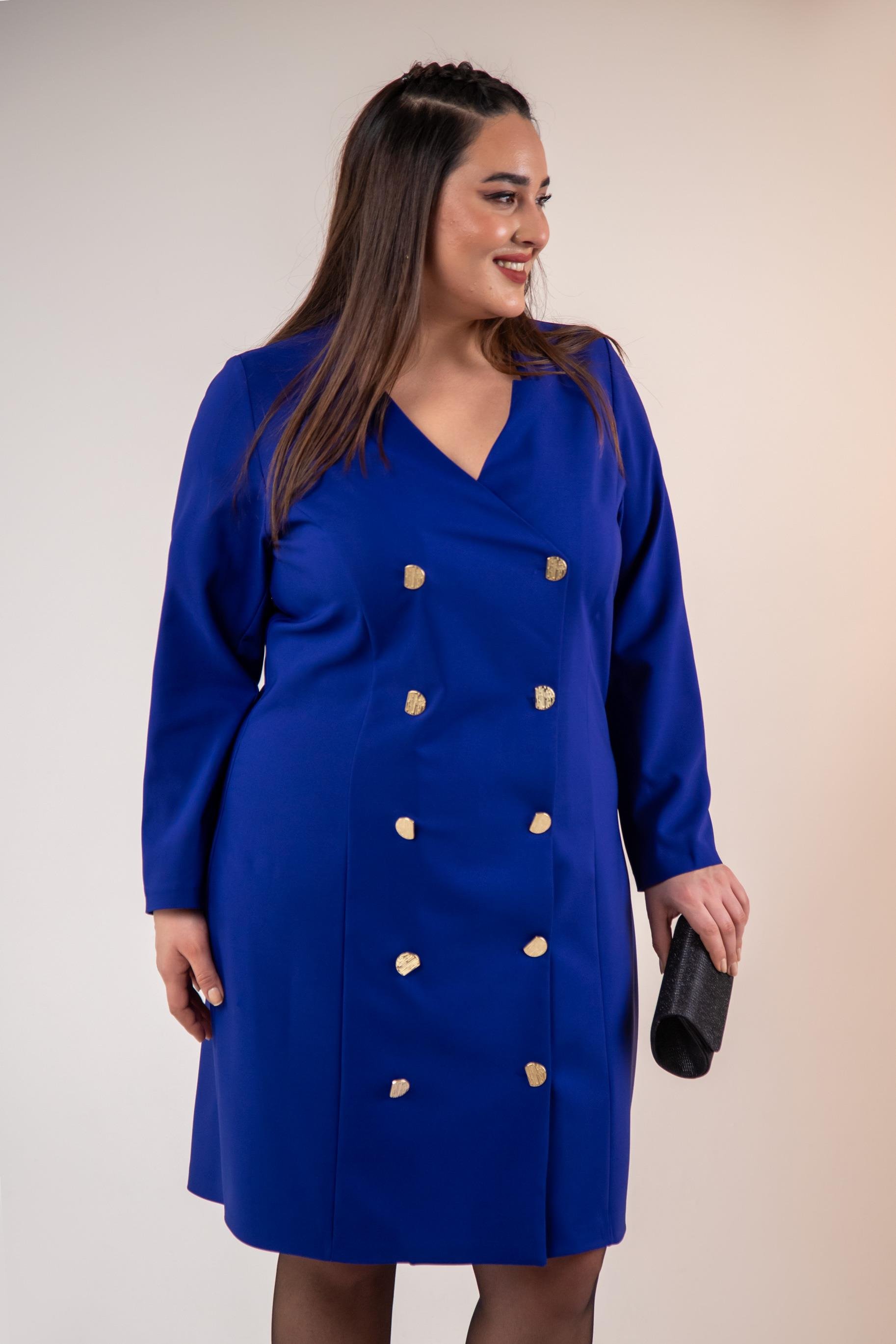 Büyük Beden 333218 YakA-Düğme Detaylı Elbise  Mavı