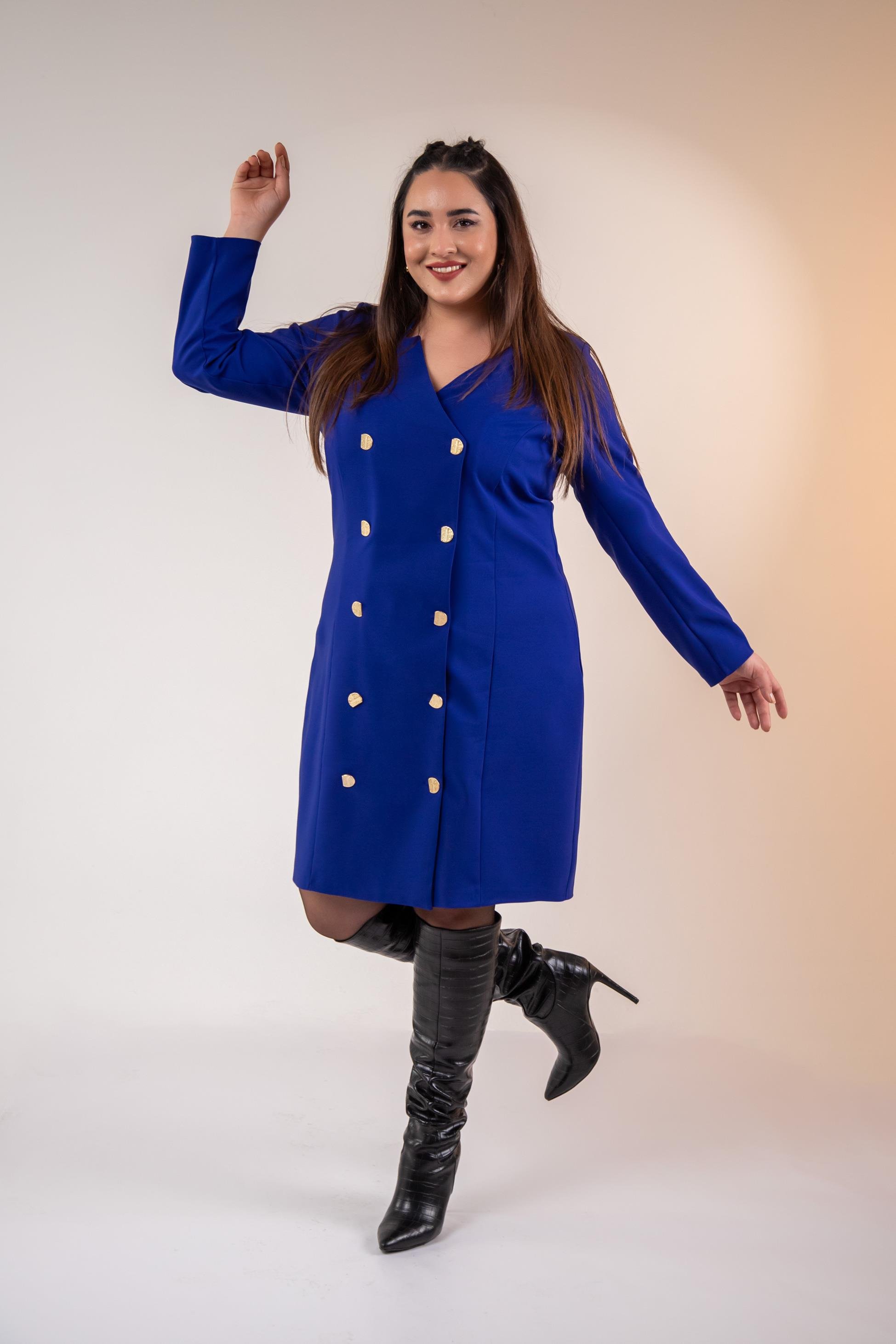 Büyük Beden 333218 YakA-Düğme Detaylı Elbise  Mavı