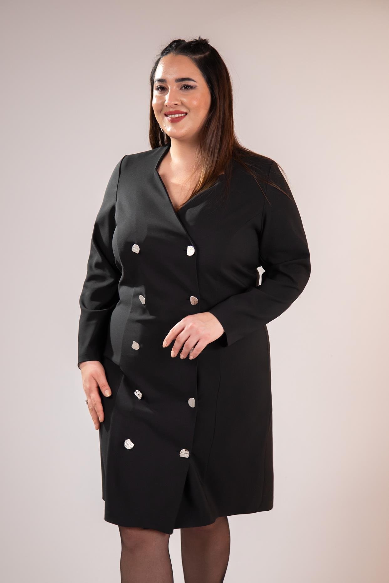 Büyük Beden 333218 YakA-Düğme Detaylı Elbise  Siyah