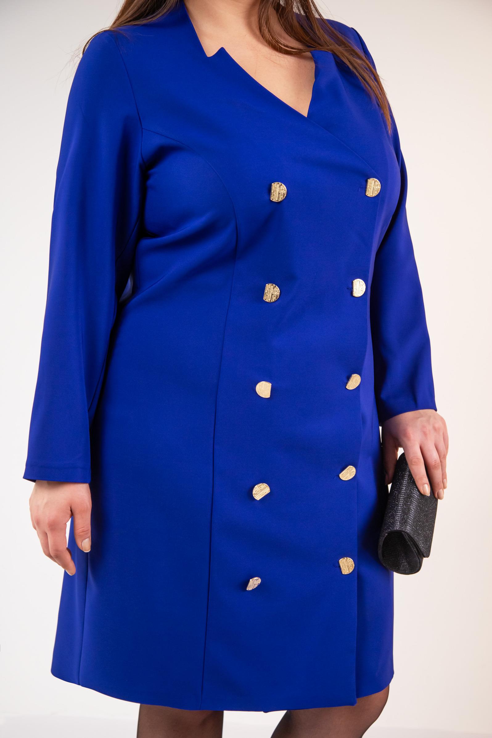 Büyük Beden 333218 YakA-Düğme Detaylı Elbise  Mavı