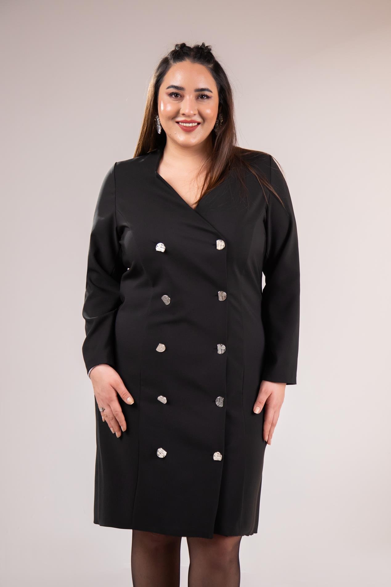 Büyük Beden 333218 YakA-Düğme Detaylı Elbise  Siyah