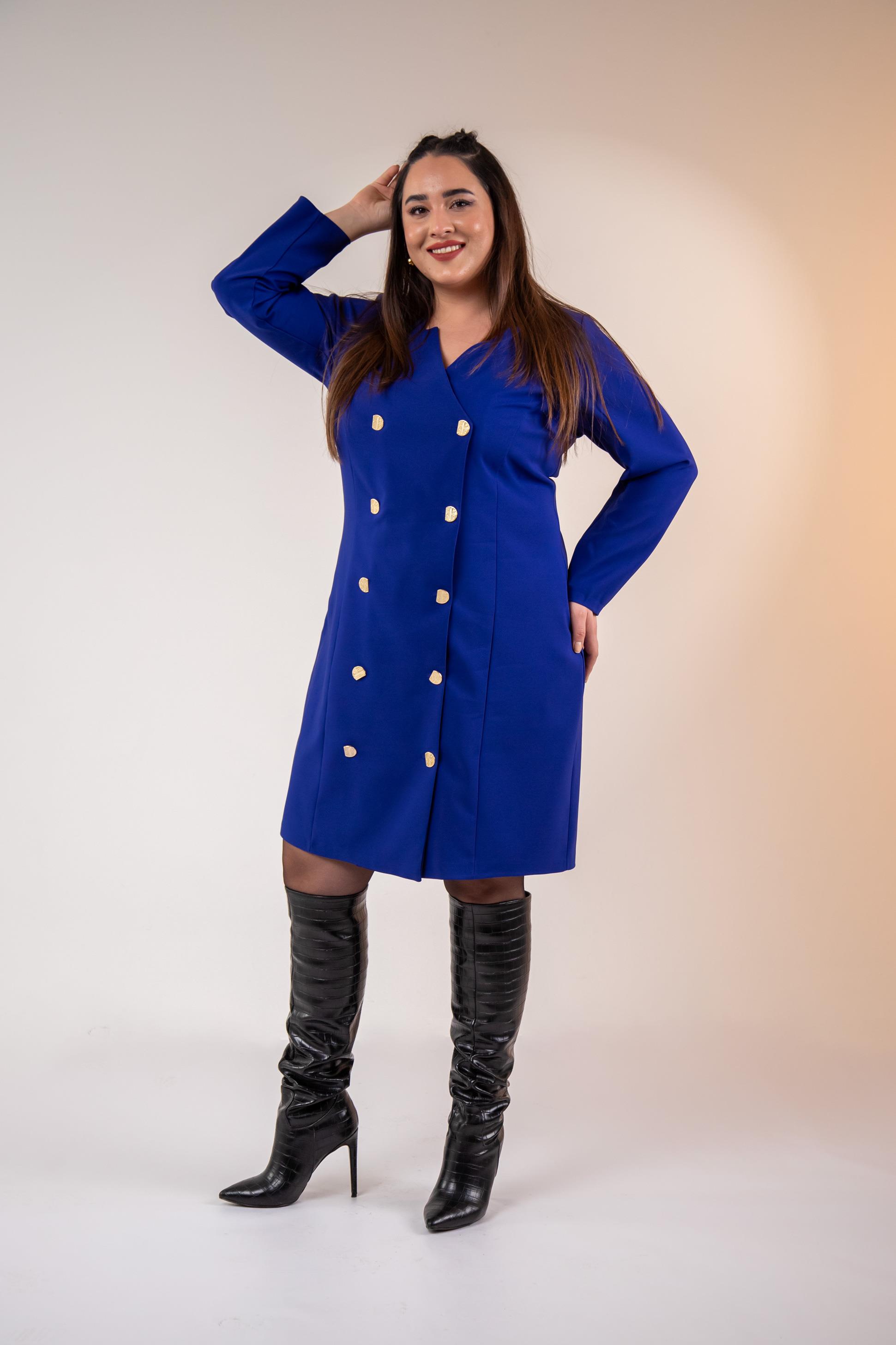 Büyük Beden 333218 YakA-Düğme Detaylı Elbise  Mavı