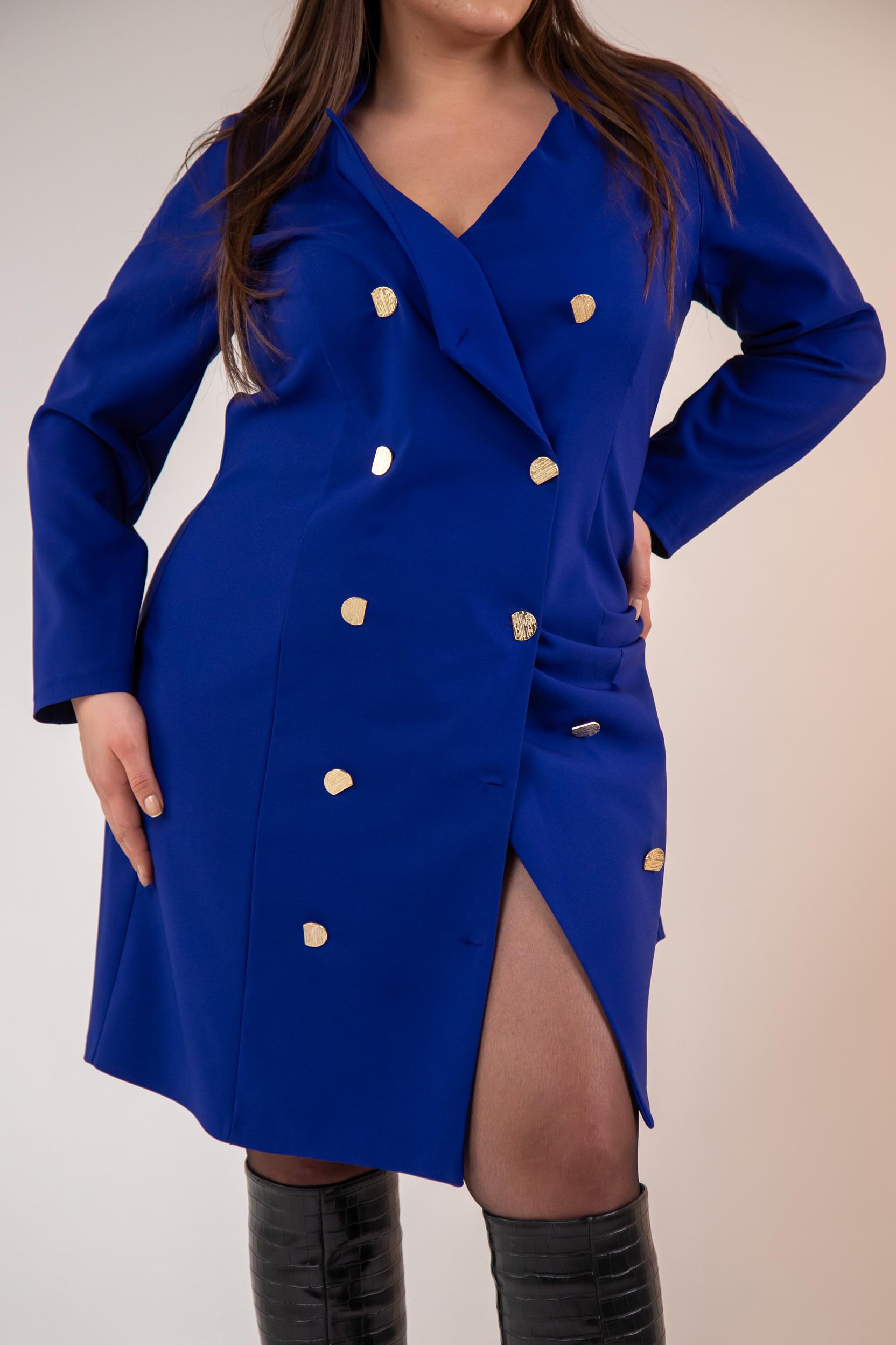 Büyük Beden 333218 YakA-Düğme Detaylı Elbise  Mavı