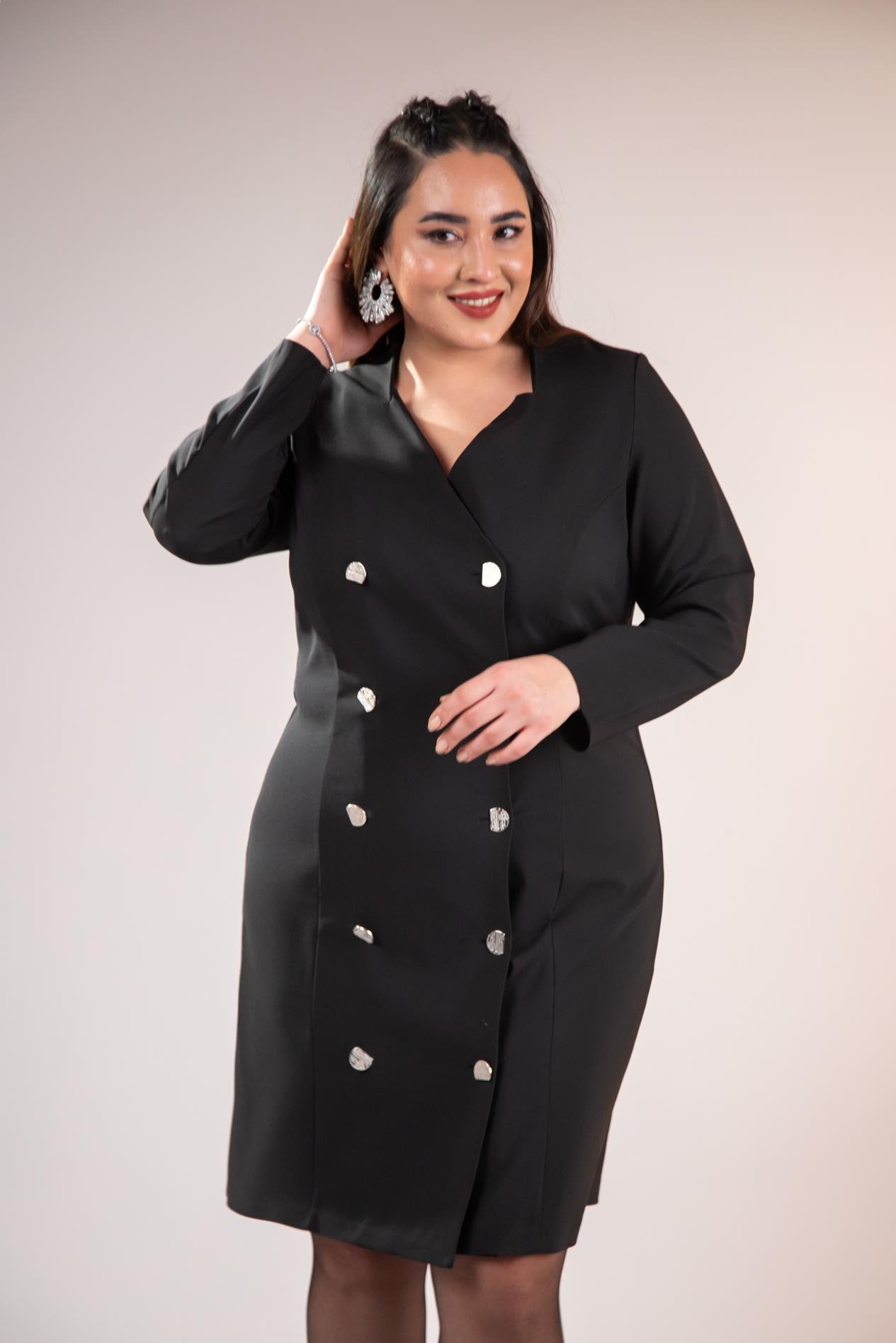 Büyük Beden 333218 YakA-Düğme Detaylı Elbise  Siyah