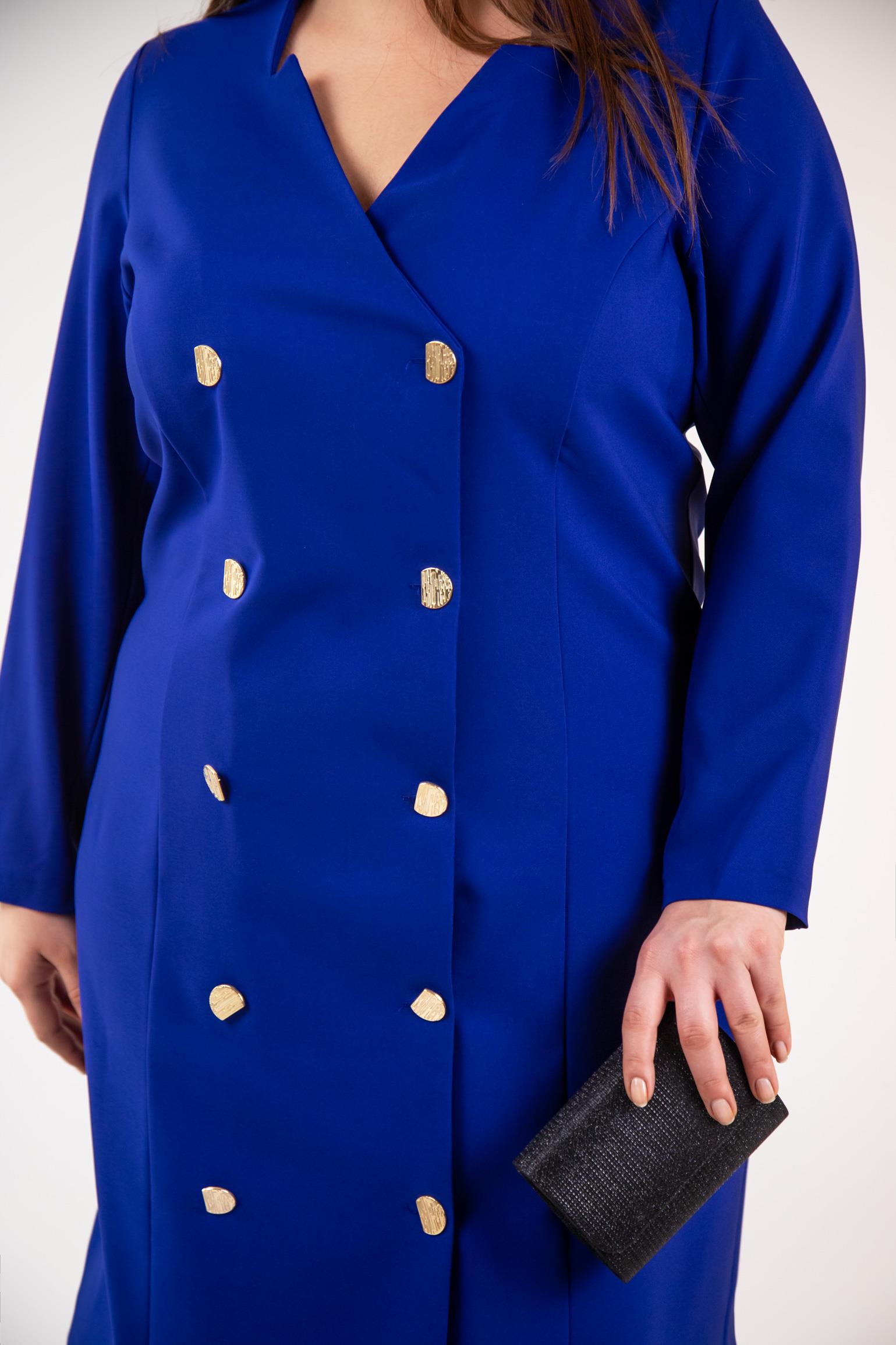 Büyük Beden 333218 YakA-Düğme Detaylı Elbise  Mavı