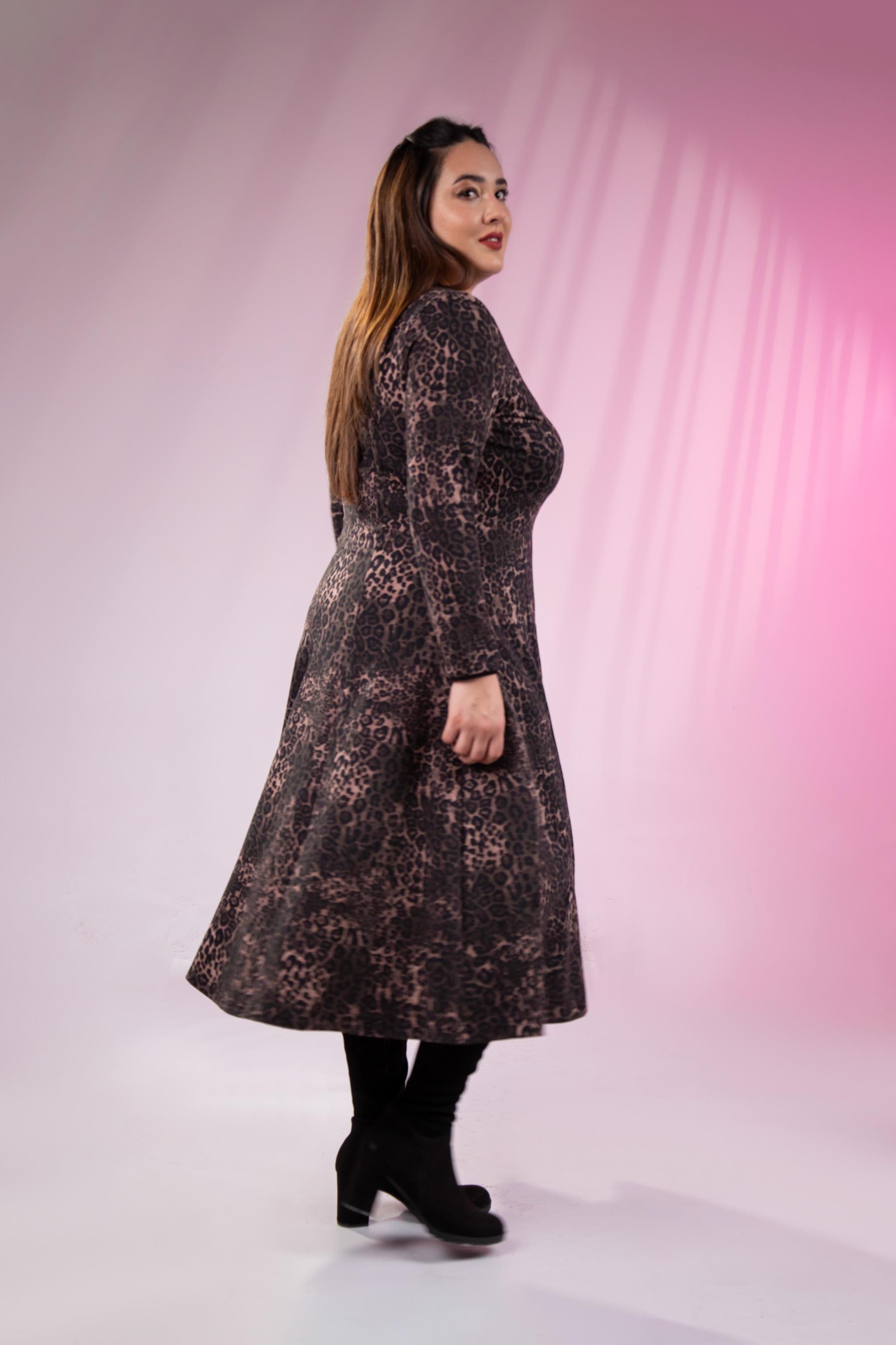 Büyük Beden 33324167 Leopar Desenli Elbise  Kahverengi