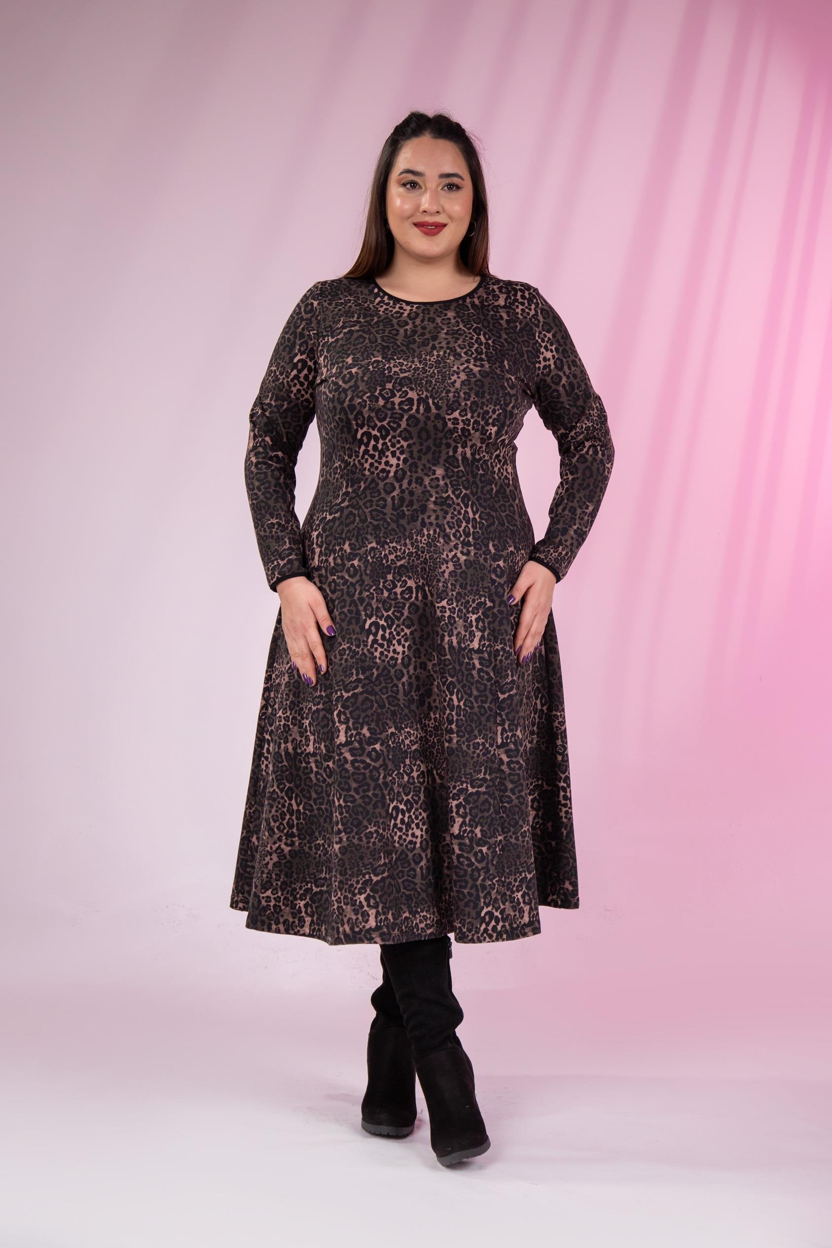 Büyük Beden 33324167 Leopar Desenli Elbise  Kahverengi