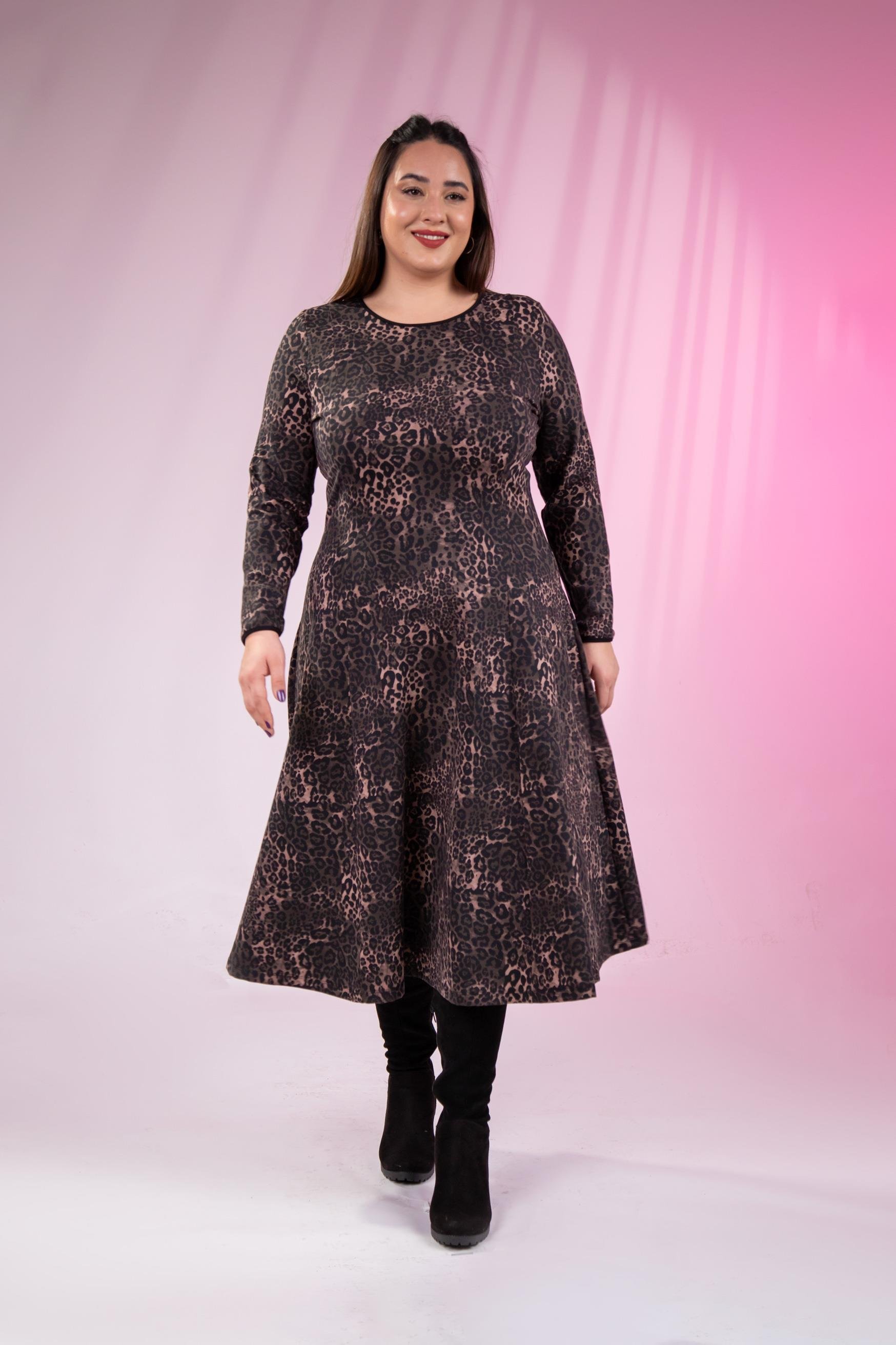 Büyük Beden 33324167 Leopar Desenli Elbise  Kahverengi