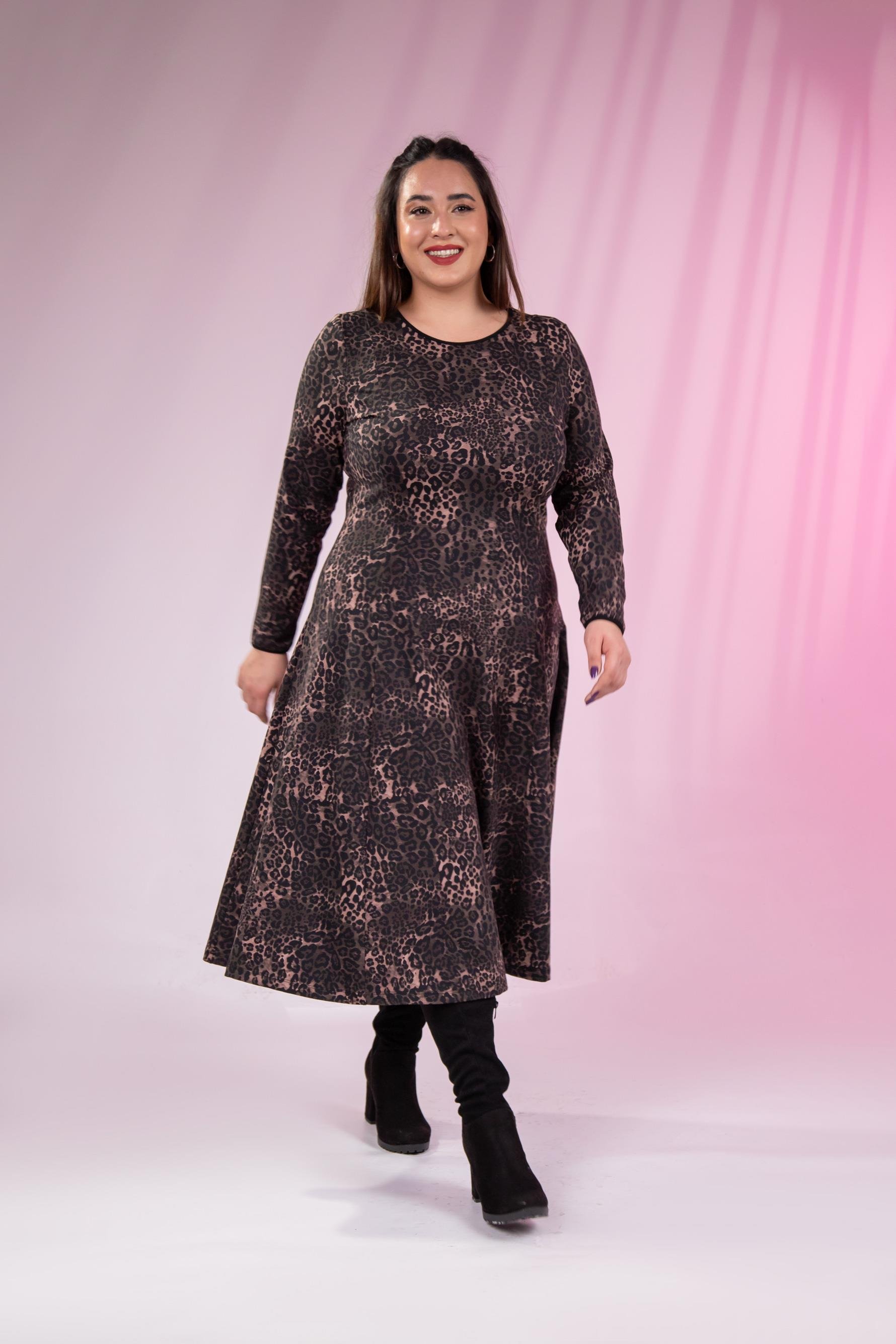 Büyük Beden 33324167 Leopar Desenli Elbise  Kahverengi